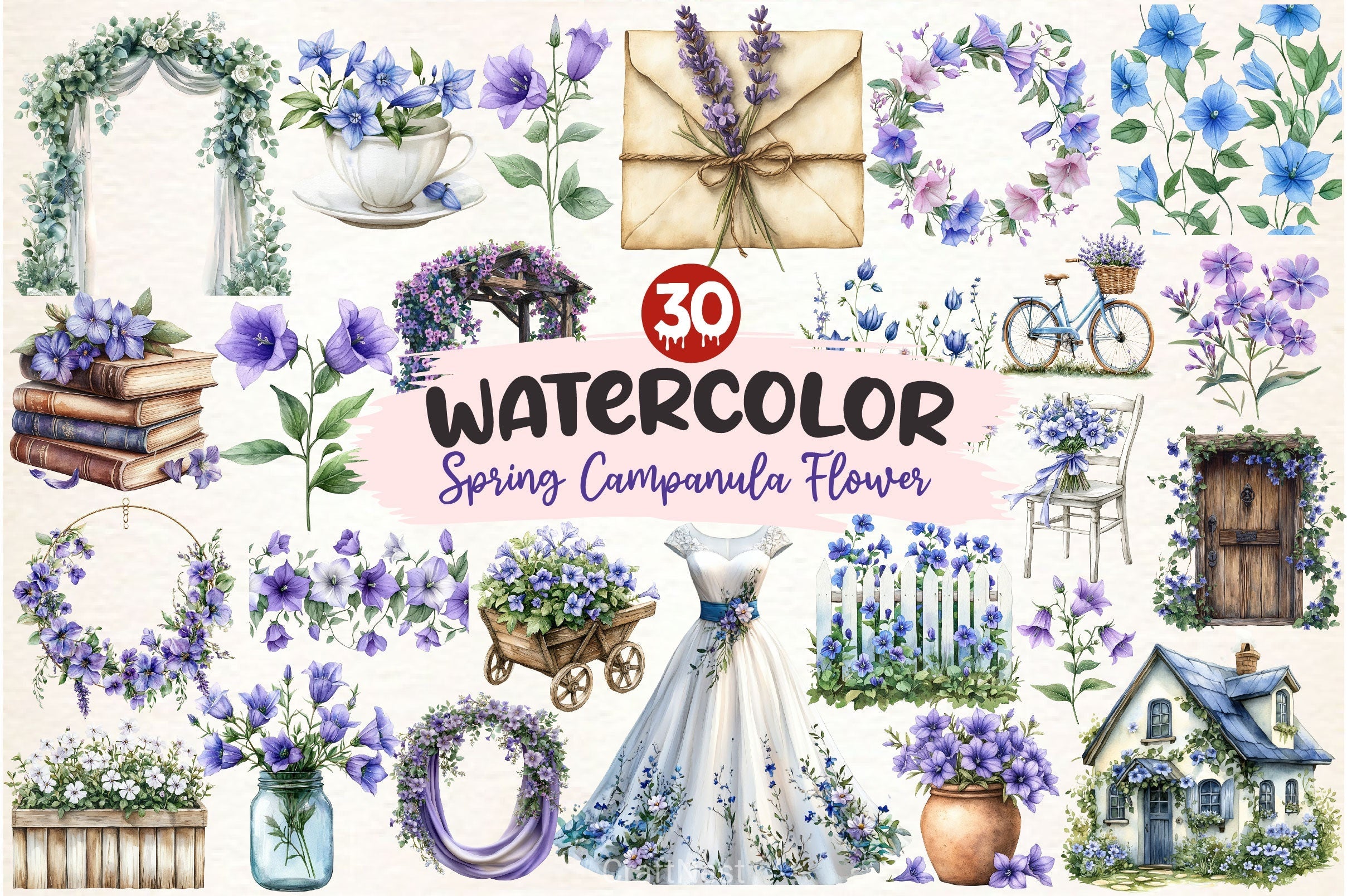 Spring Campanula Flower Clipart Bundle