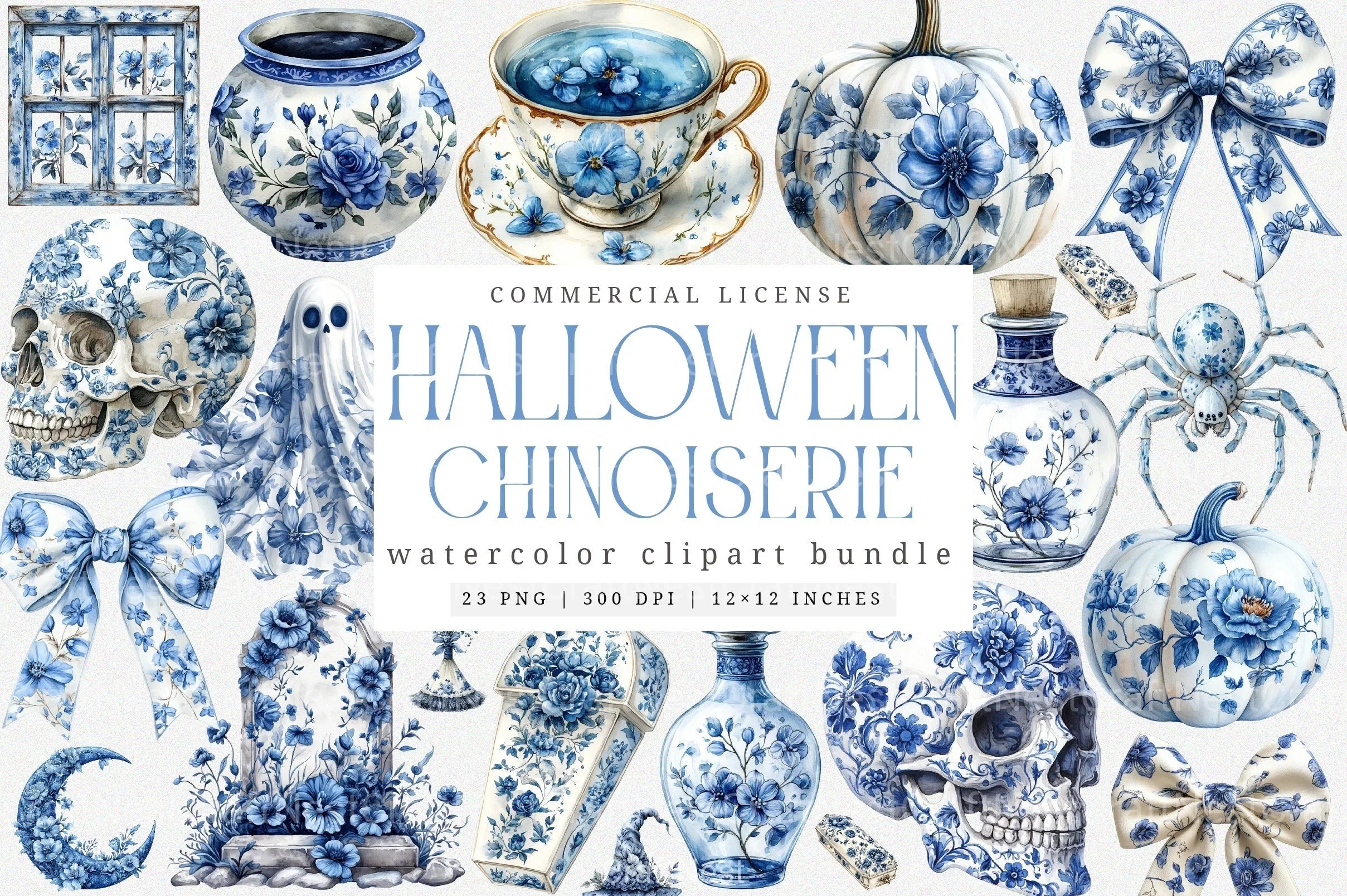 Blue & Ivory Chinoiserie Halloween Clipart Bundle - CraftNest - Digital Crafting and Art