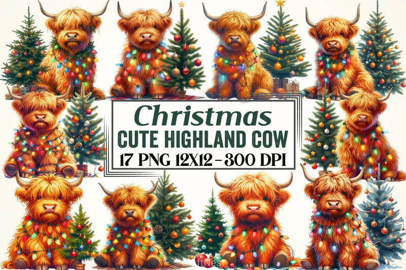 Cute Christmas Highland Cow Clipart Bundle 4 - CraftNest - Digital Crafting and Art