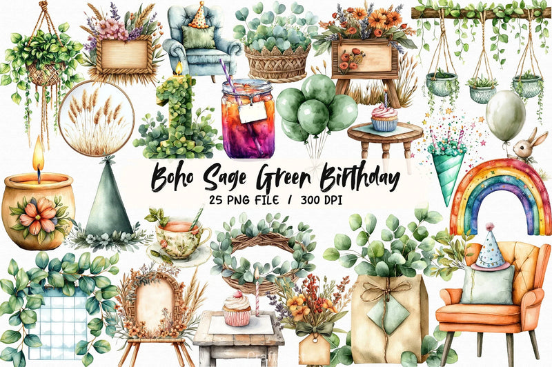 Boho Sage Green Birthday Clipart Bundle2 - CraftNest - Digital Crafting and Art