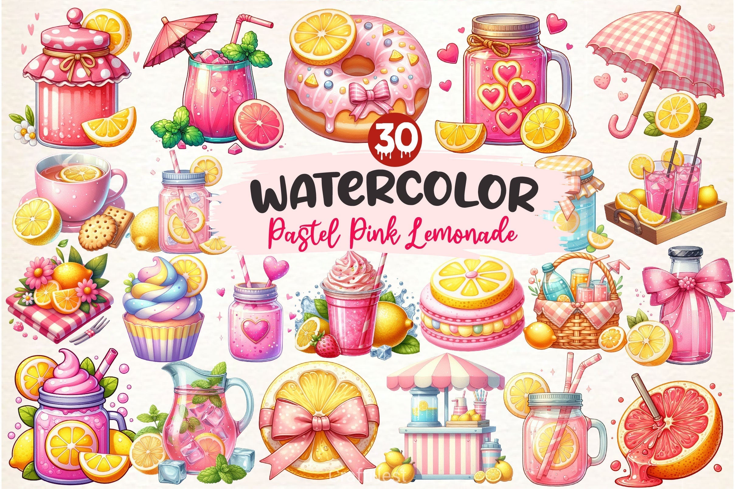 Pastel Pink Lemonade Summer Clipart Bundle