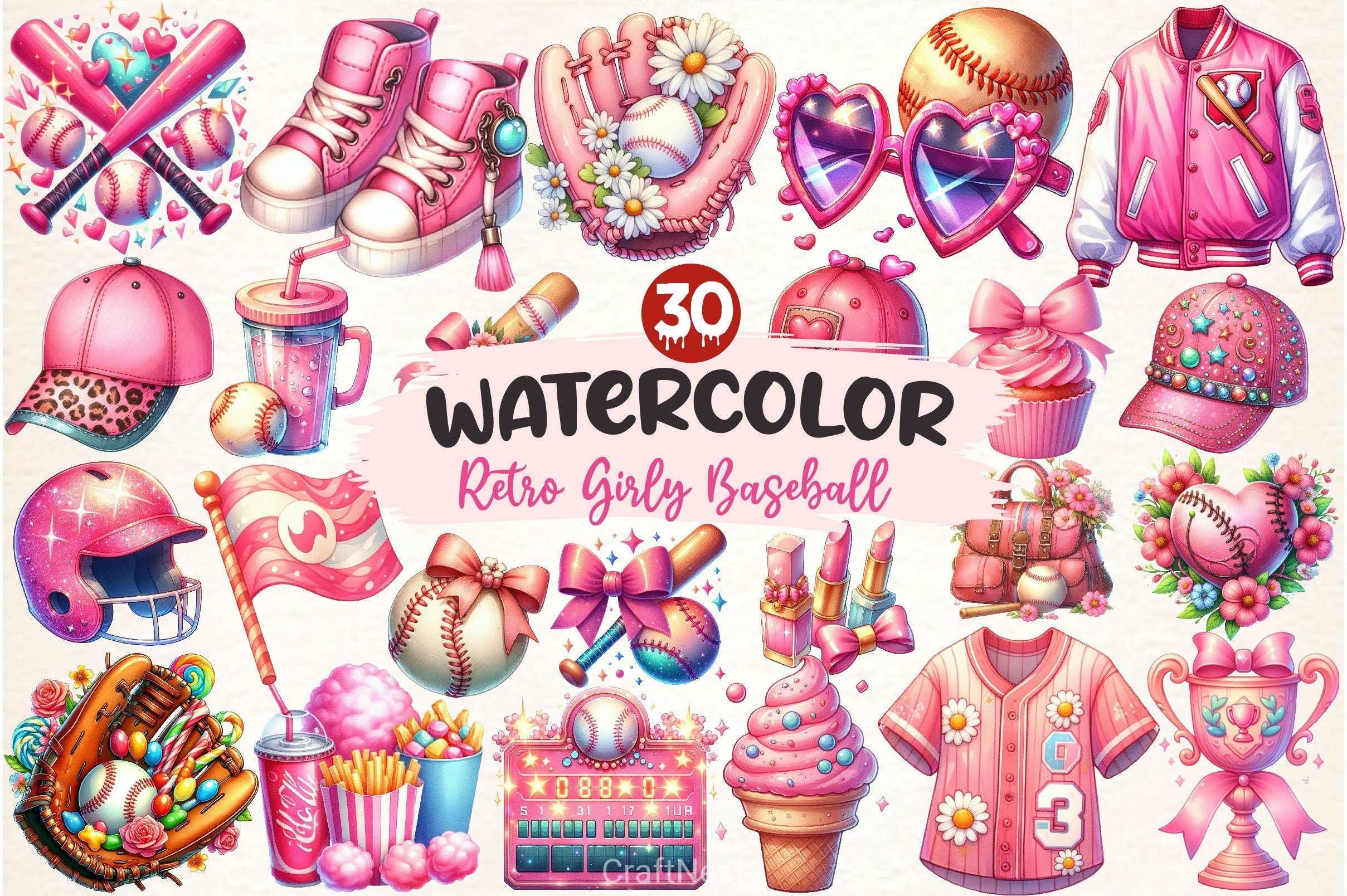 Retro Girly Baseball Clipart Bundle 2