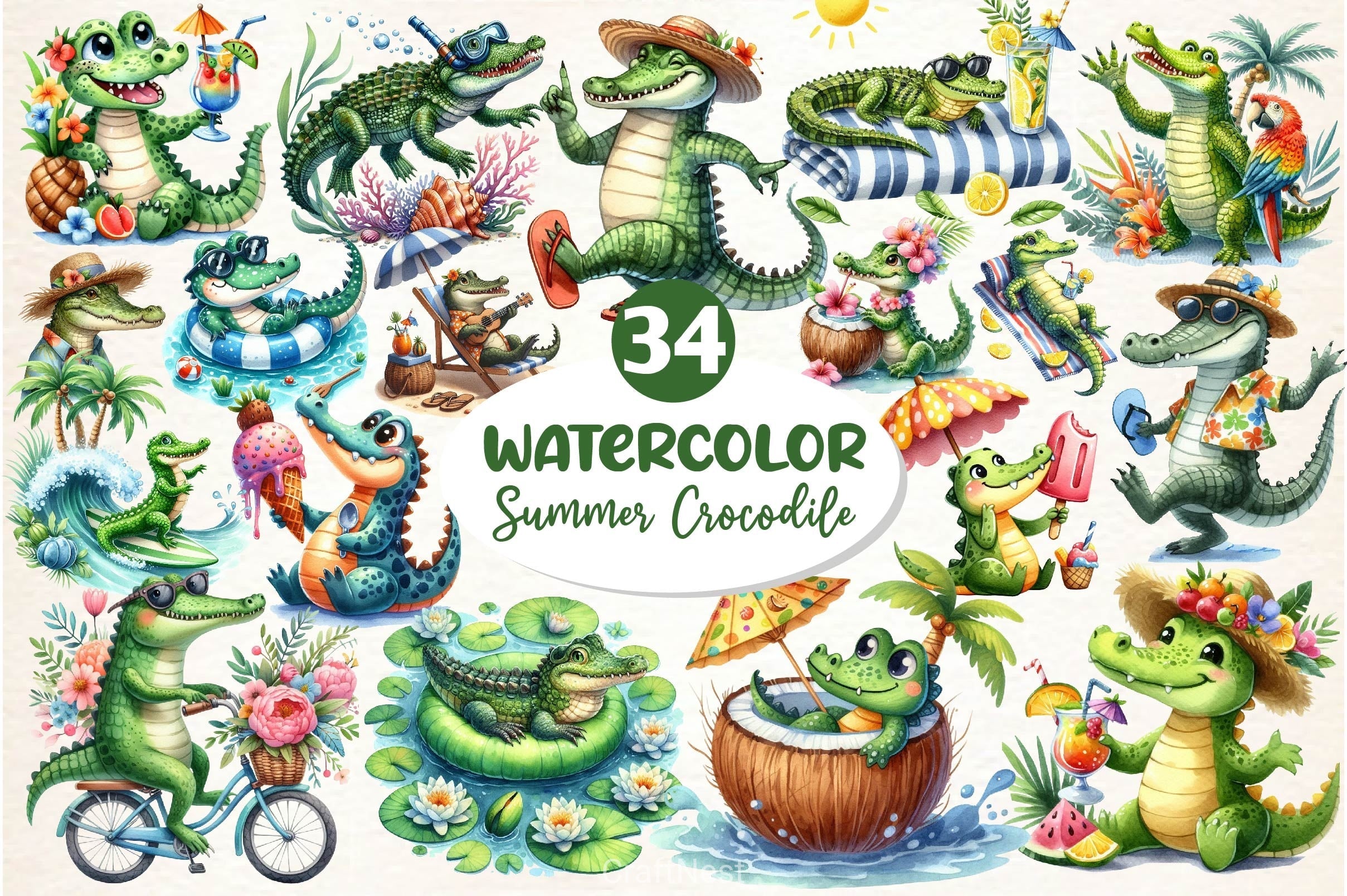Summer Crocodile Clipart Bundle 2
