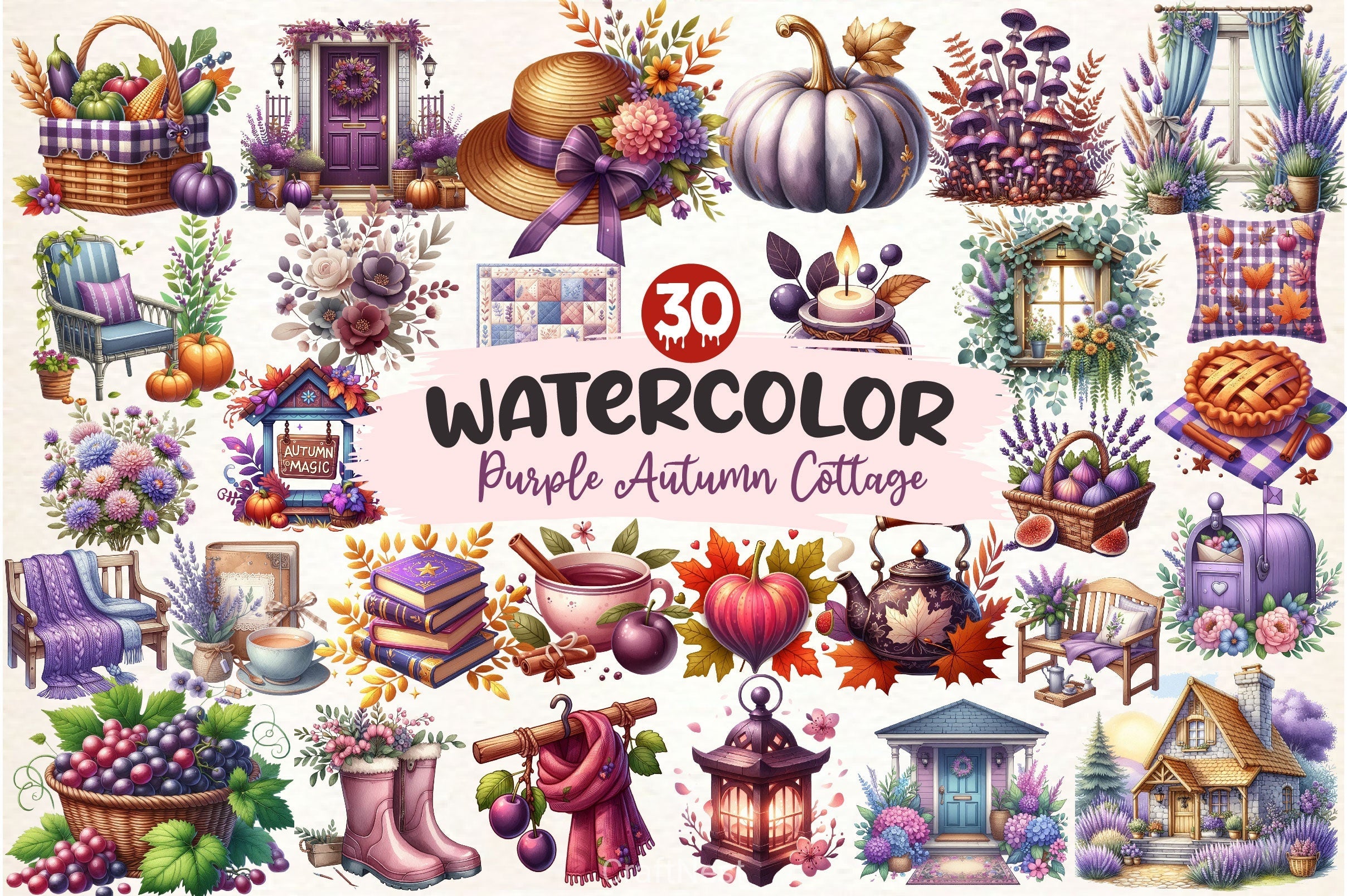 Purple Autumn Cottage Clipart Bundle