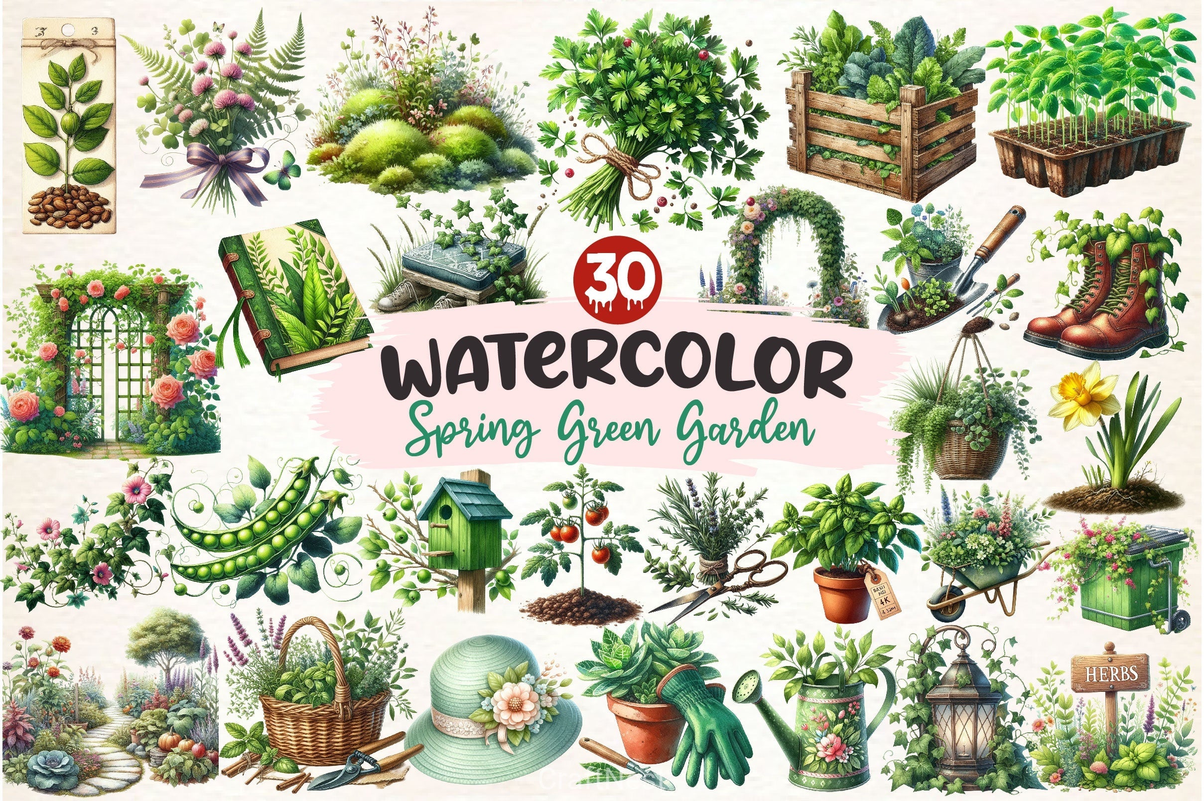 Spring Green Garden Clipart Bundle