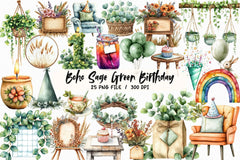 Boho Sage Green Birthday Clipart Bundle - CraftNest - Digital Crafting and Art