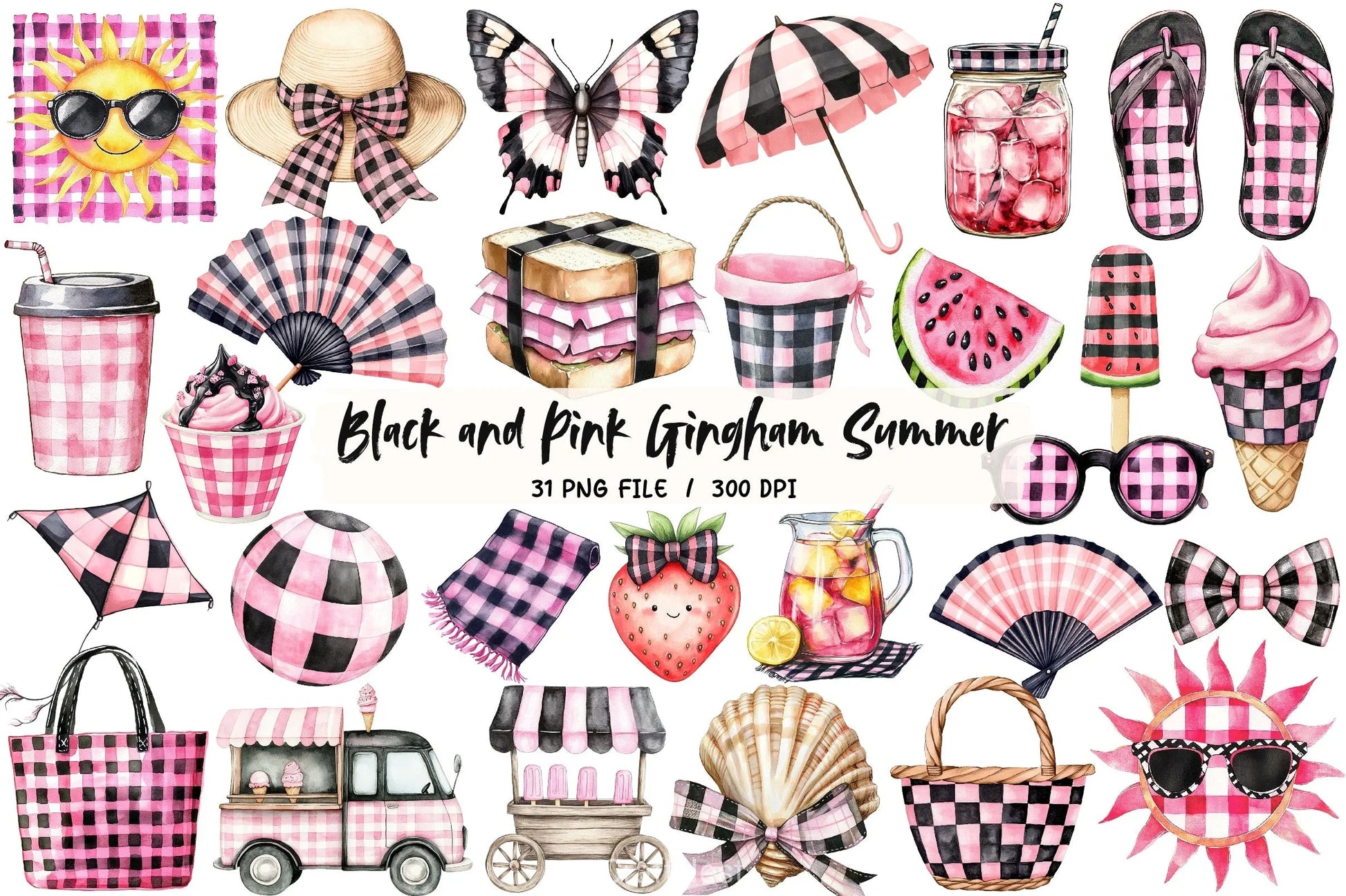 Black & Pink Gingham Clipart Bundle - CraftNest - Digital Crafting and Art