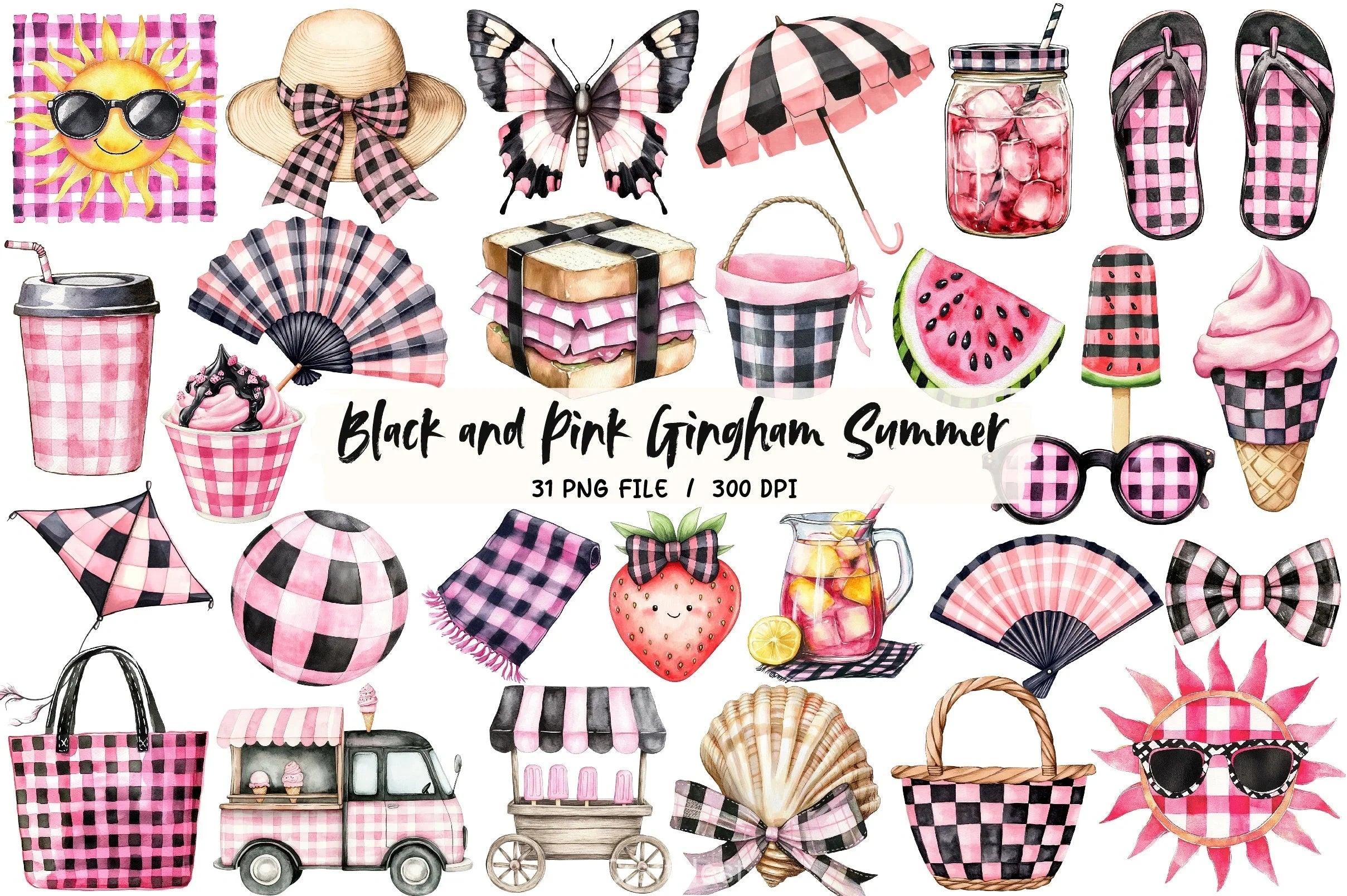 Black & Pink Gingham Clipart Bundle - CraftNest - Digital Crafting and Art
