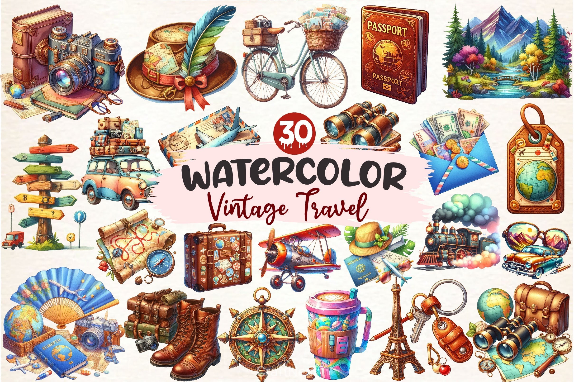 Vintage Travel Clipart Bundle 3