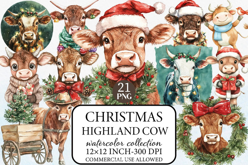 Christmas Highland Cow Clipart Bundle 3 - CraftNest - Digital Crafting and Art