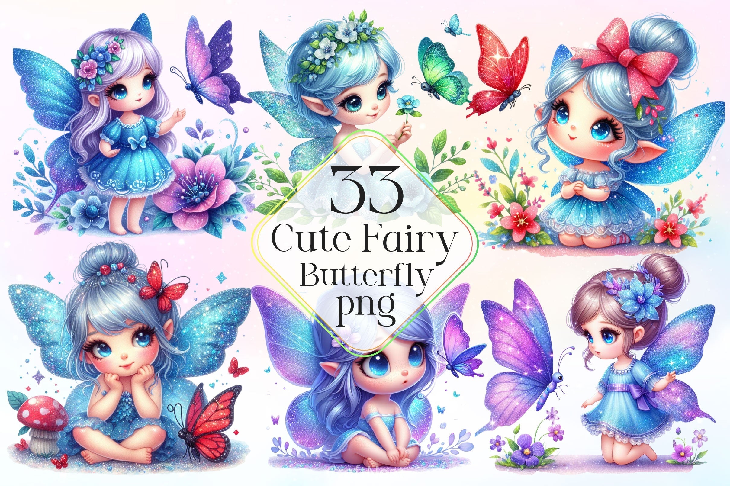 Cute Fairy With Butterfly Clipart Bundle 2