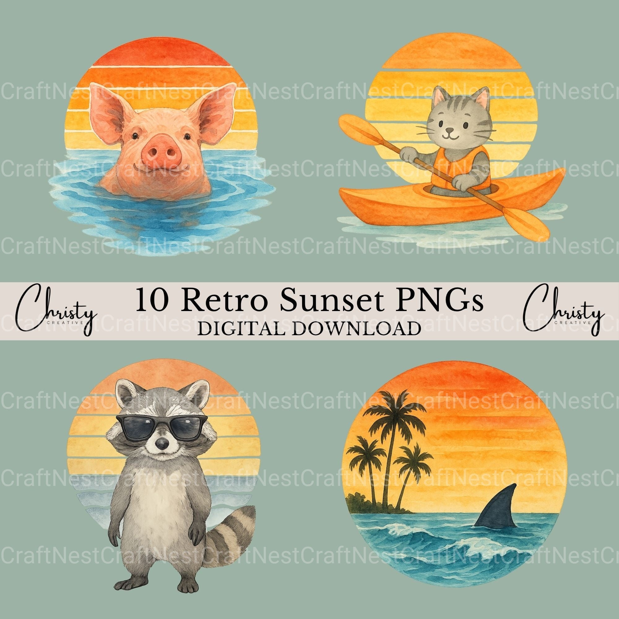 Retro Sunset & Animals Clipart Bundle