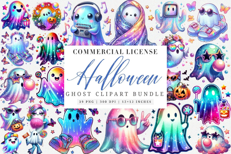 Retro Halloween Iridescent Ghost Clipart Bundle - CraftNest - Digital Crafting and Art