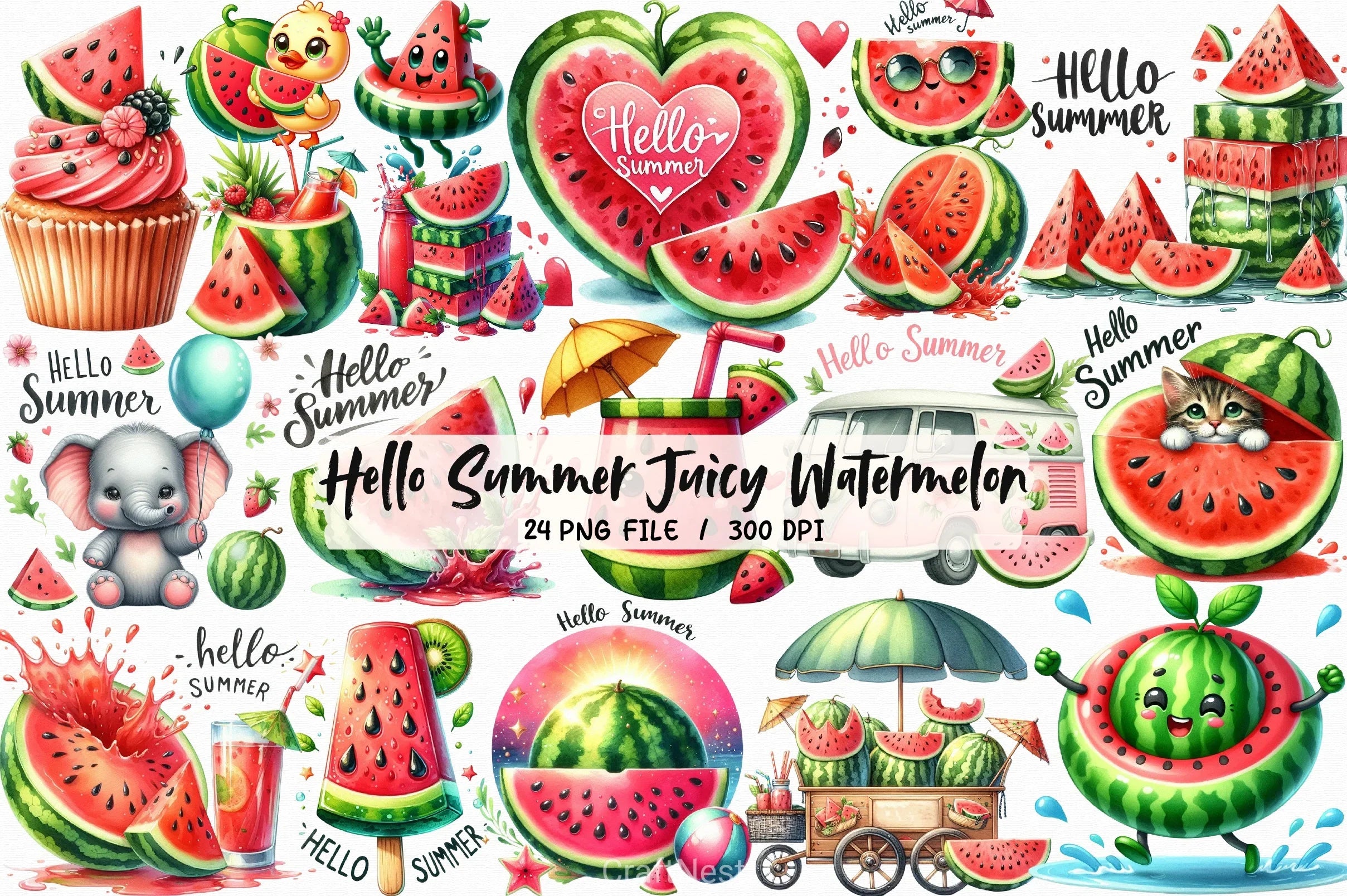 Hello Summer Watermelon Clipart Bundle - CraftNest - Digital Crafting and Art