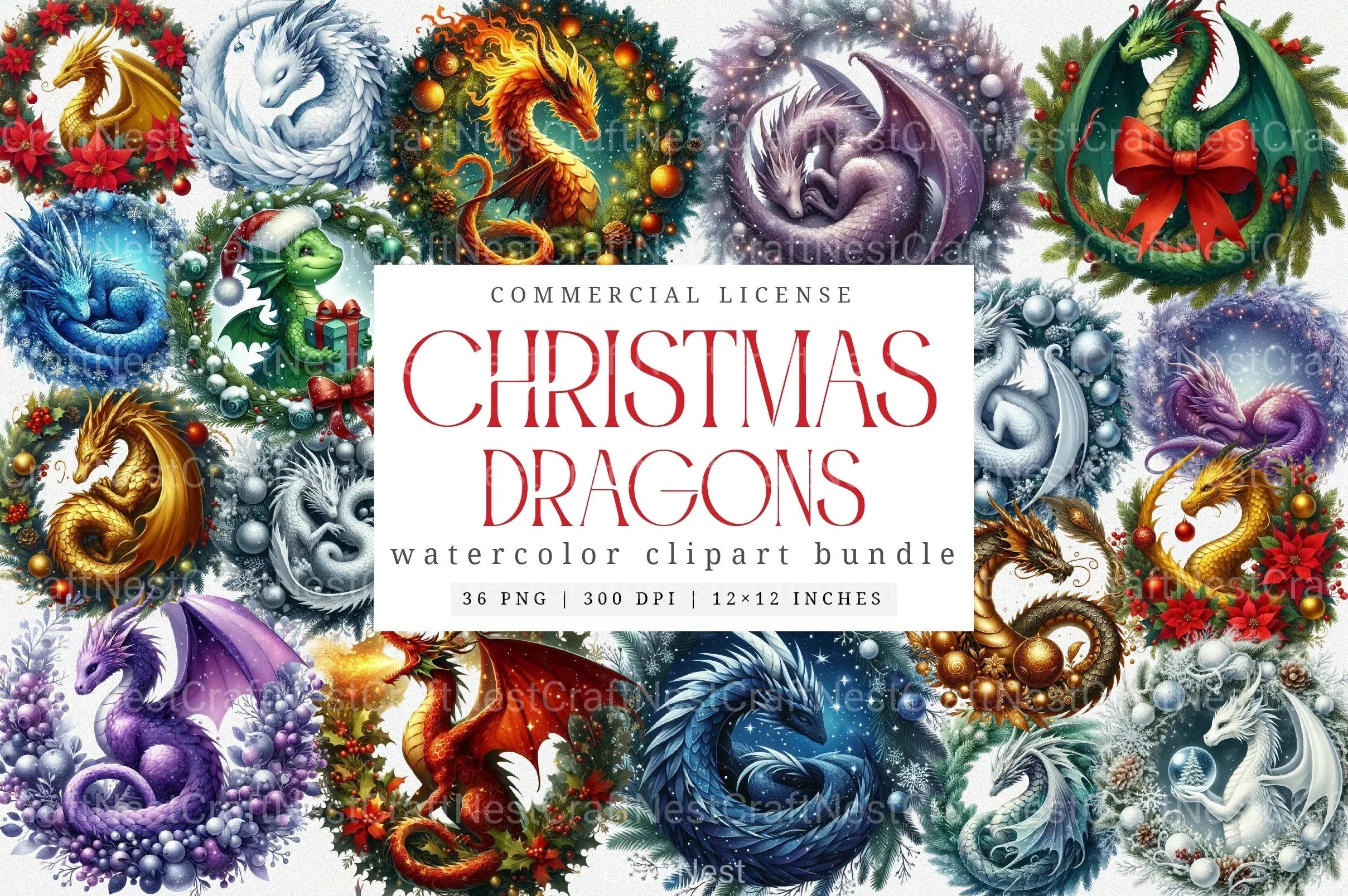 Christmas Dragons Holiday Wreath Clipart Bundle - CraftNest - Digital Crafting and Art