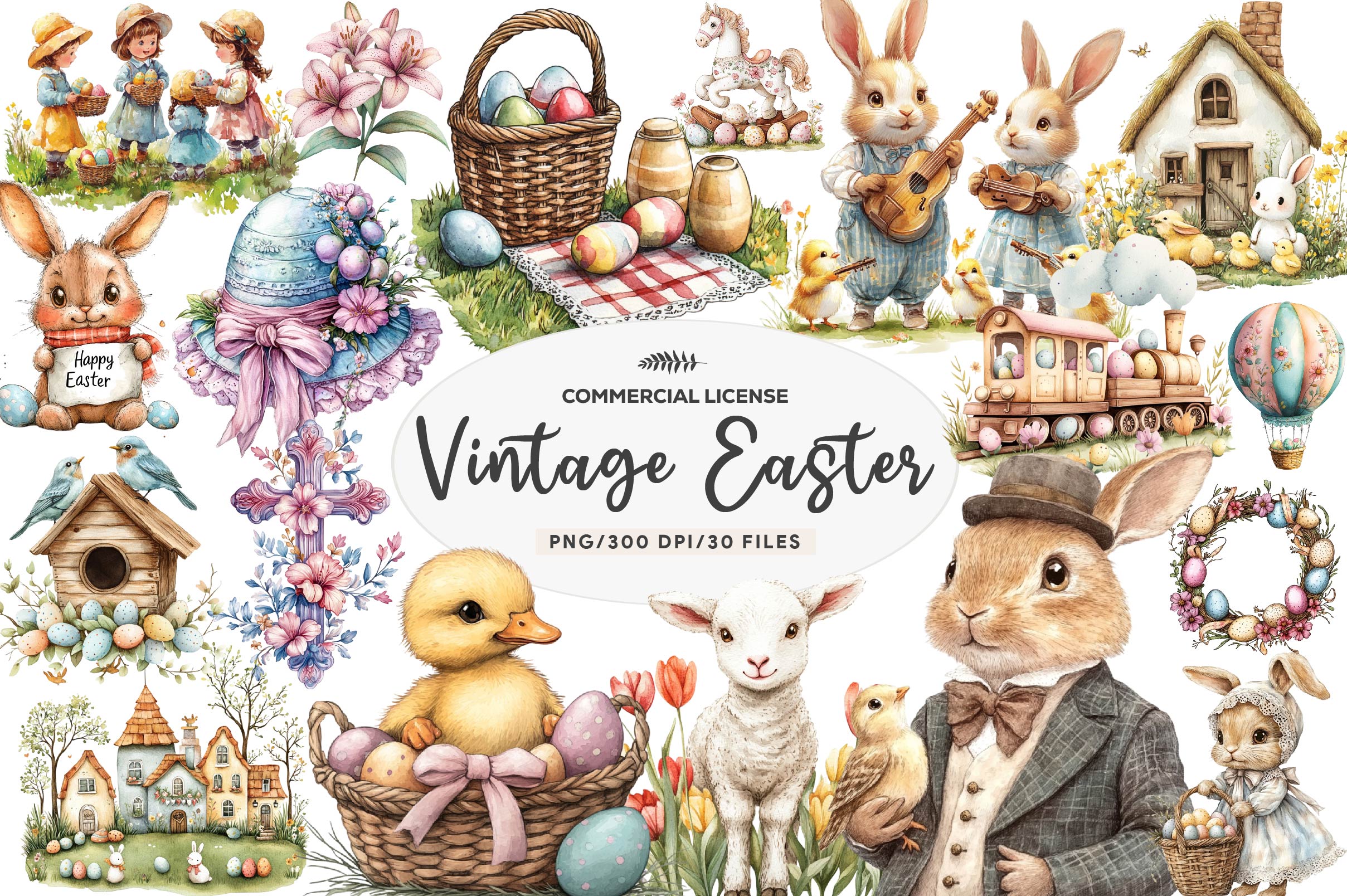 Vintage Easter Illustrations Clipart Bundle