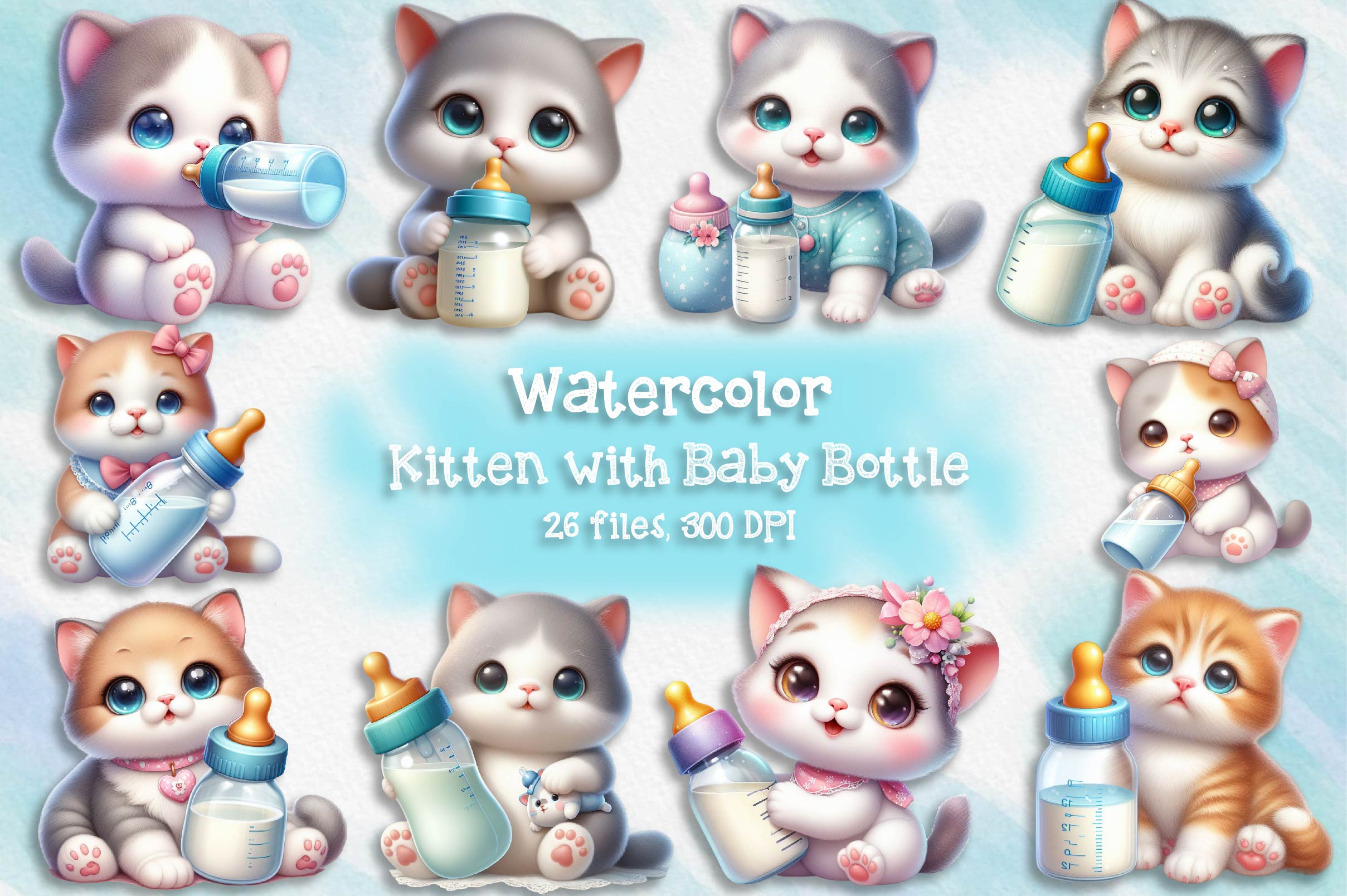 Kitten With Baby Bottle Clipart Bundle