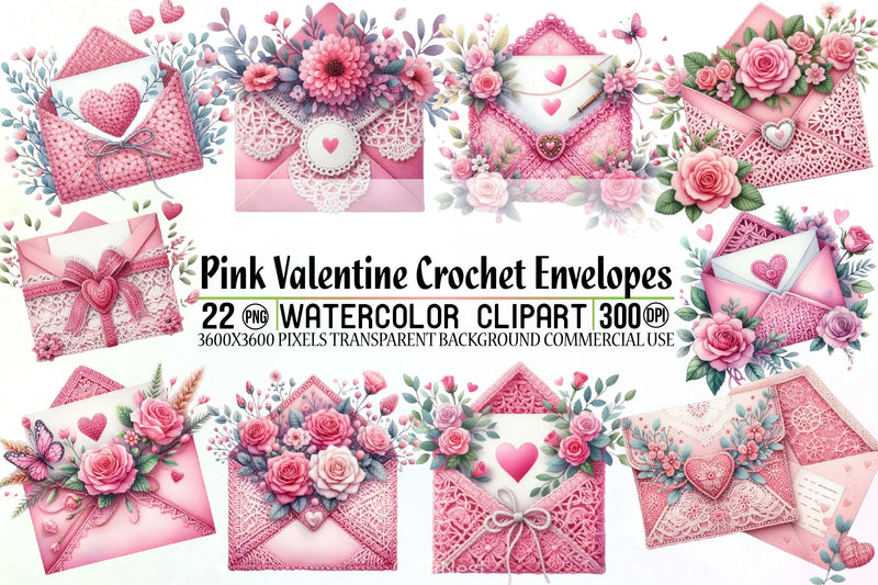 Pink Valentine Crochet Envelopes Clipart Bundle - CraftNest - Digital Crafting and Art
