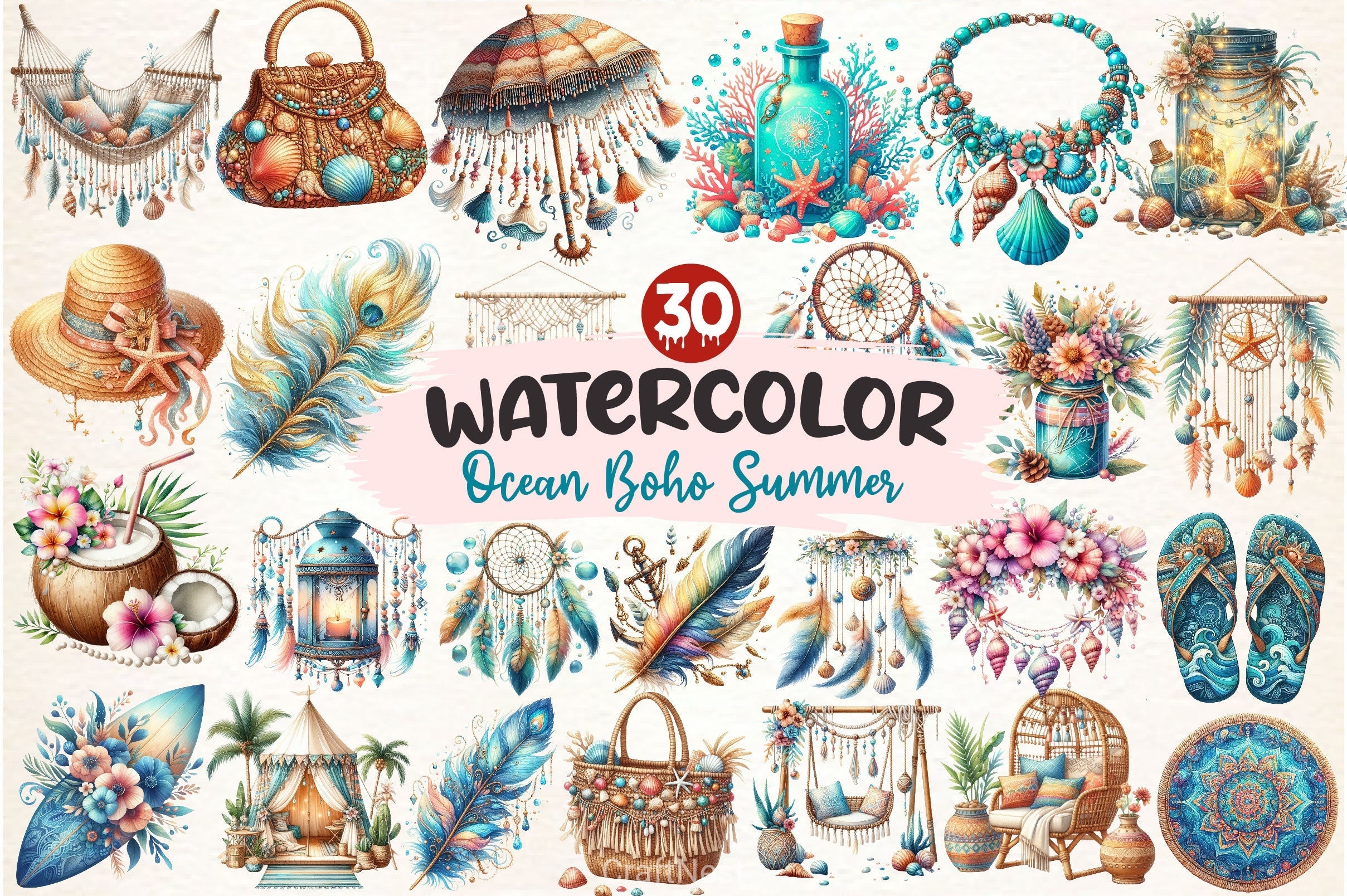 Ocean Boho Summer Clipart Bundle 2