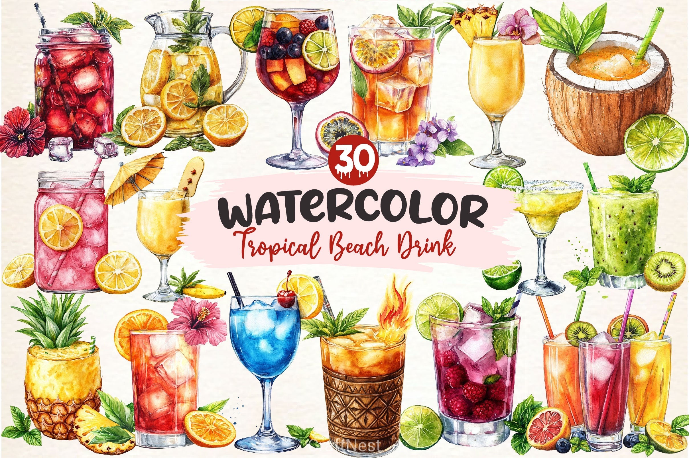 Tropical Beach Drink Summer Clipart Bundle