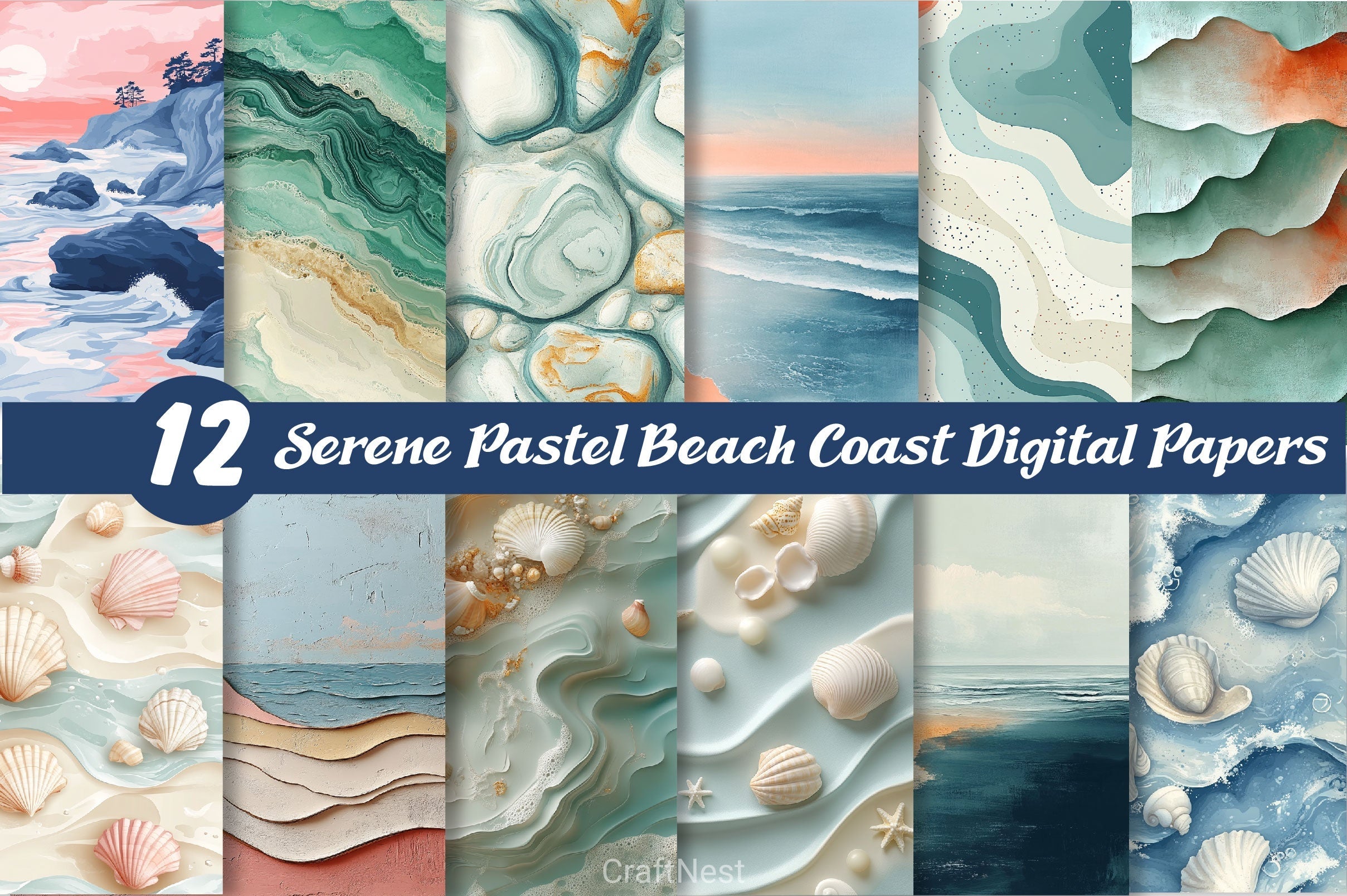Serene Pastel Beach Coast Digital Papers
