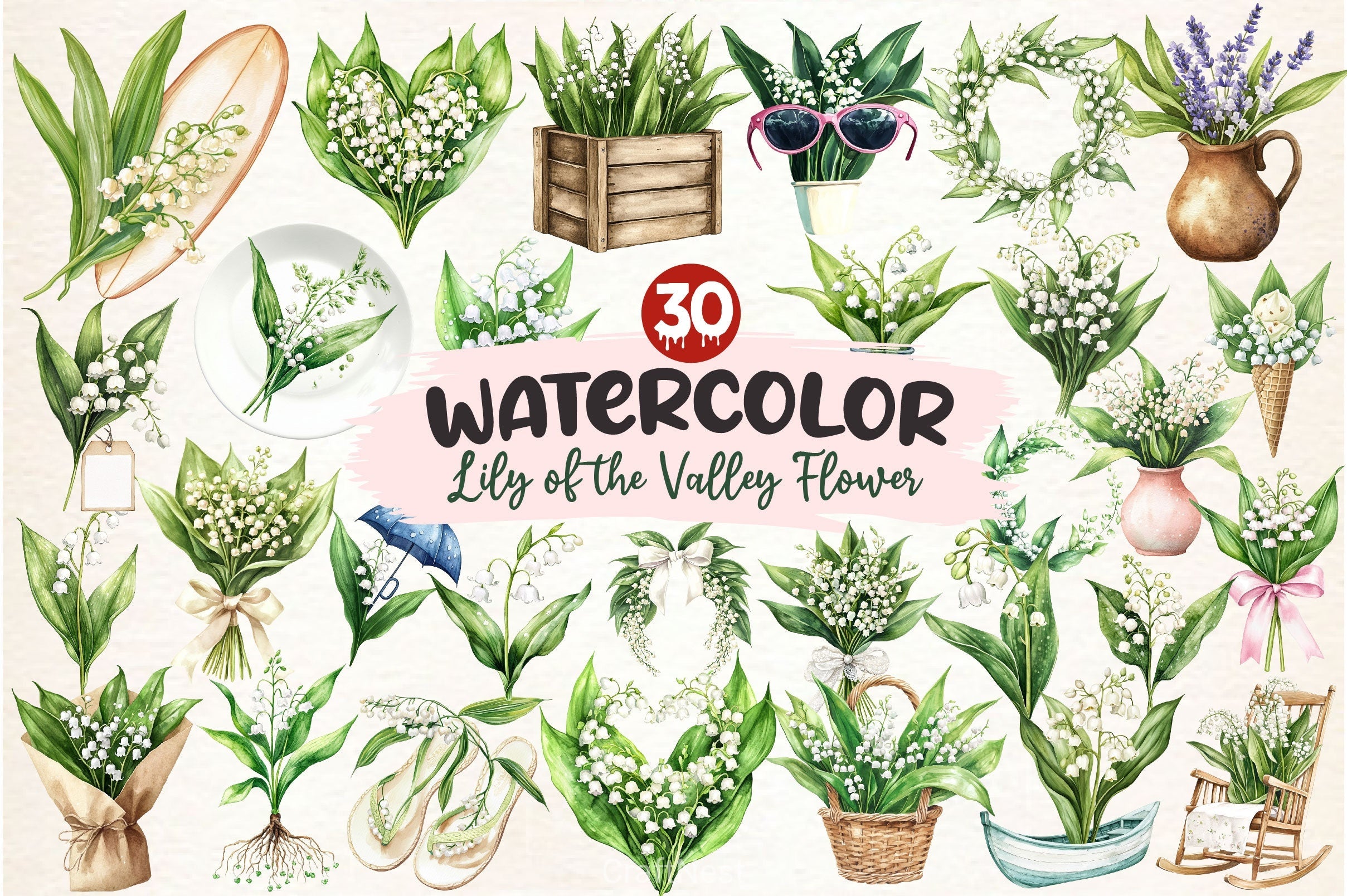 Summer Lily Of The Valley Flower Clipart Bundle