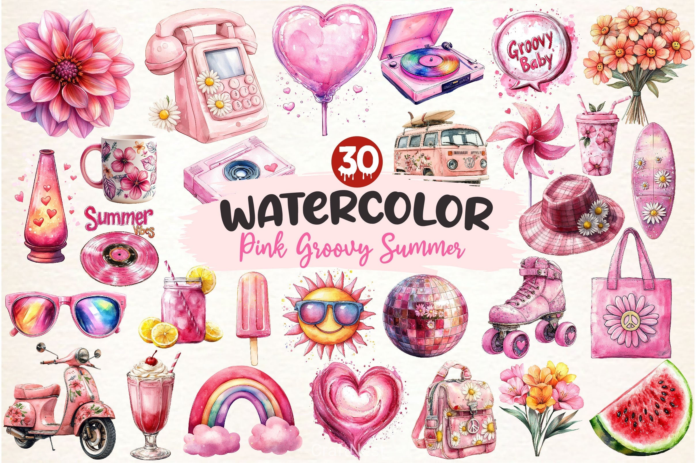 Pink Groovy Summer Clipart Bundle