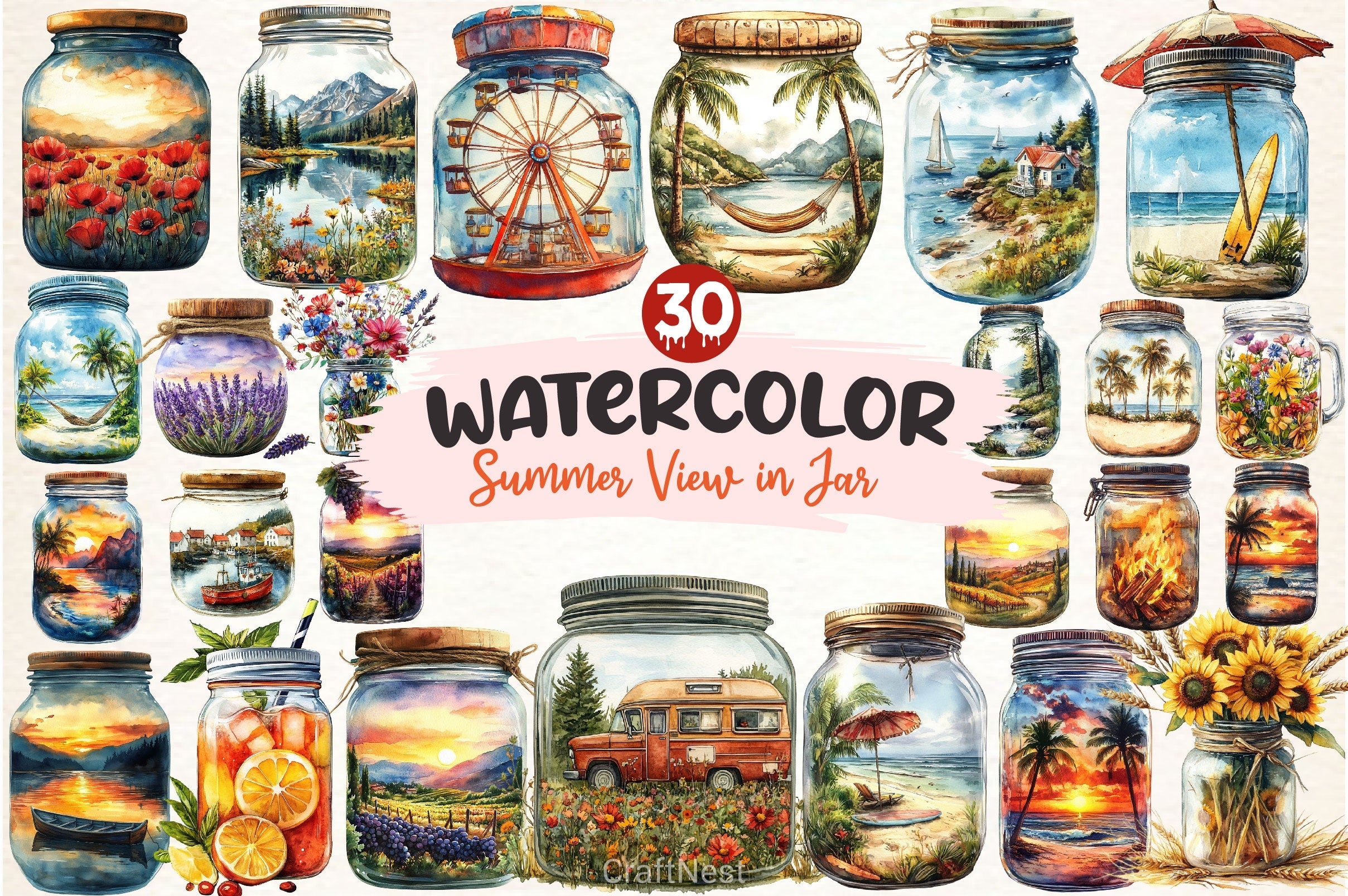 Summer View In Jar Clipart Bundle