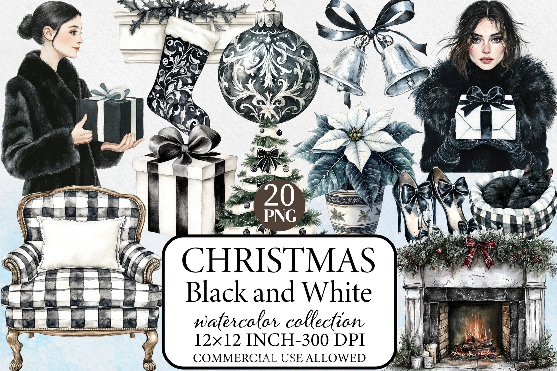 Black & White Christmas Clipart Bundle 2 - CraftNest - Digital Crafting and Art