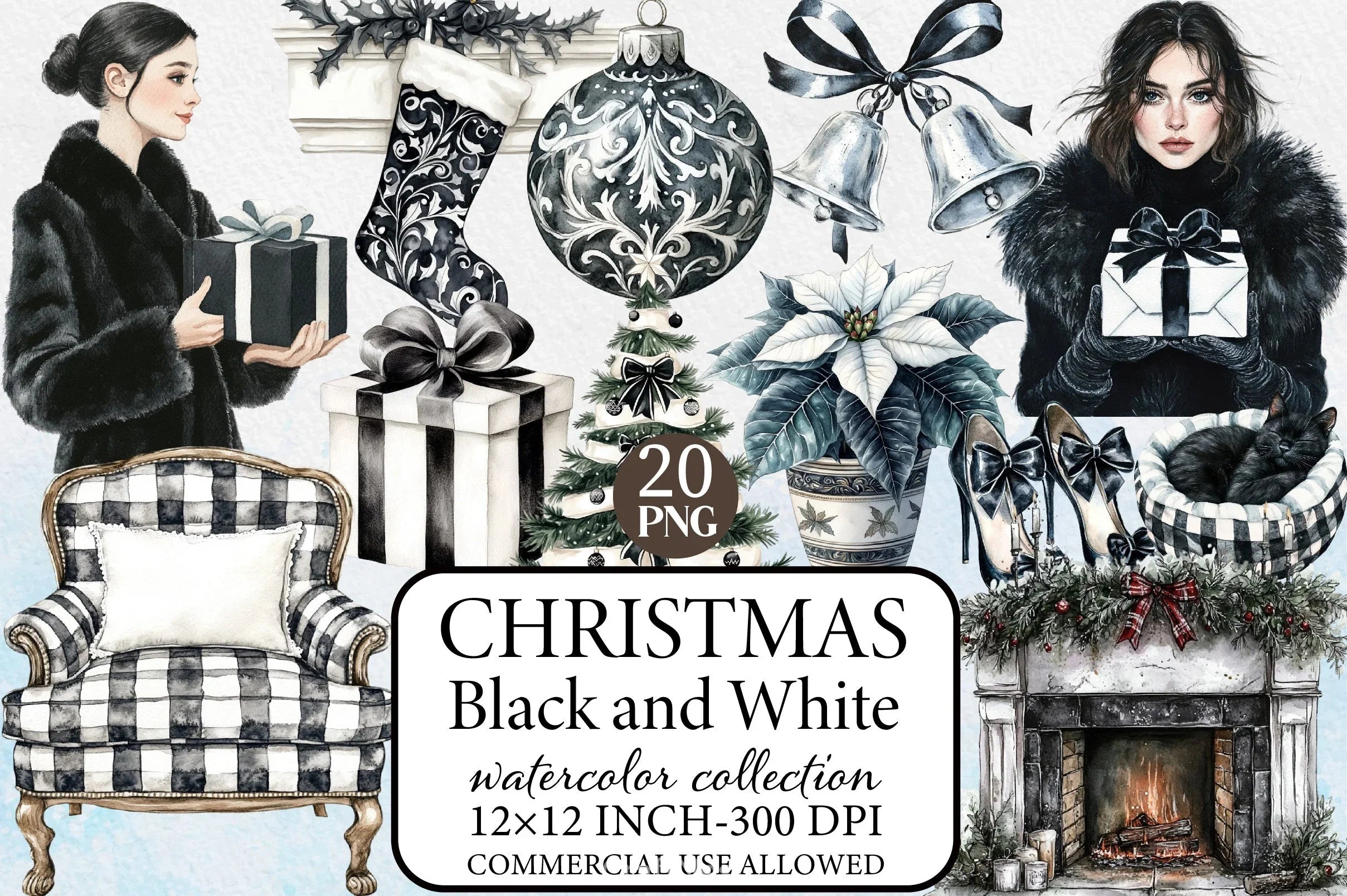 Black & White Christmas Clipart Bundle 2 - CraftNest - Digital Crafting and Art