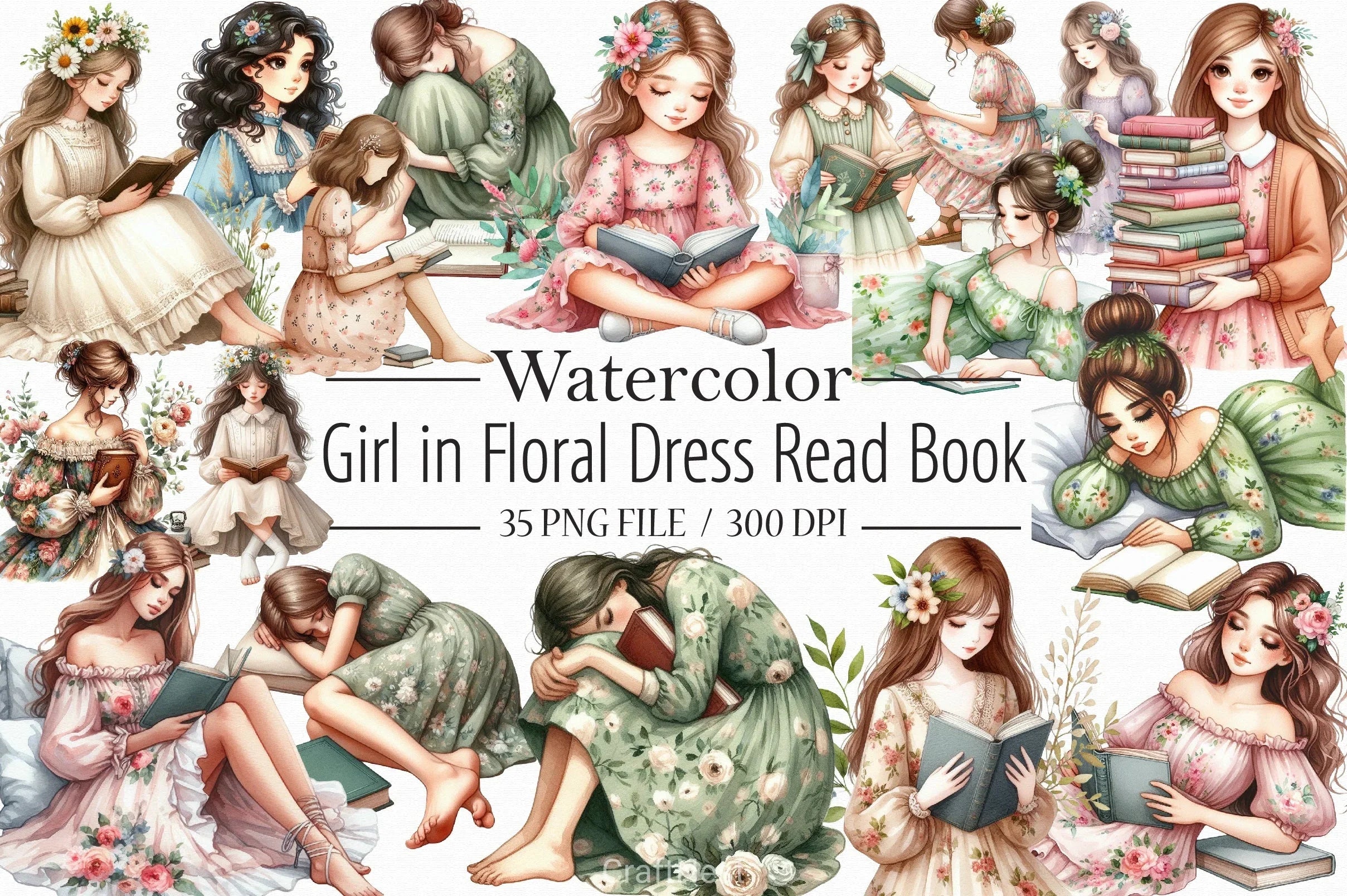 Floral Dress Girl Reading Clipart Bundle - CraftNest - Digital Crafting and Art