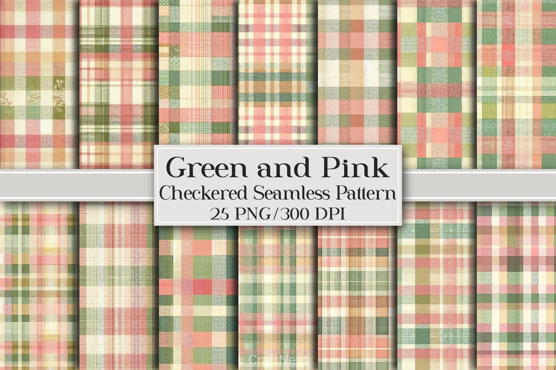 Green Pink Checkered Pattern Digital Paper 2 - CraftNest - Digital Crafting and Art