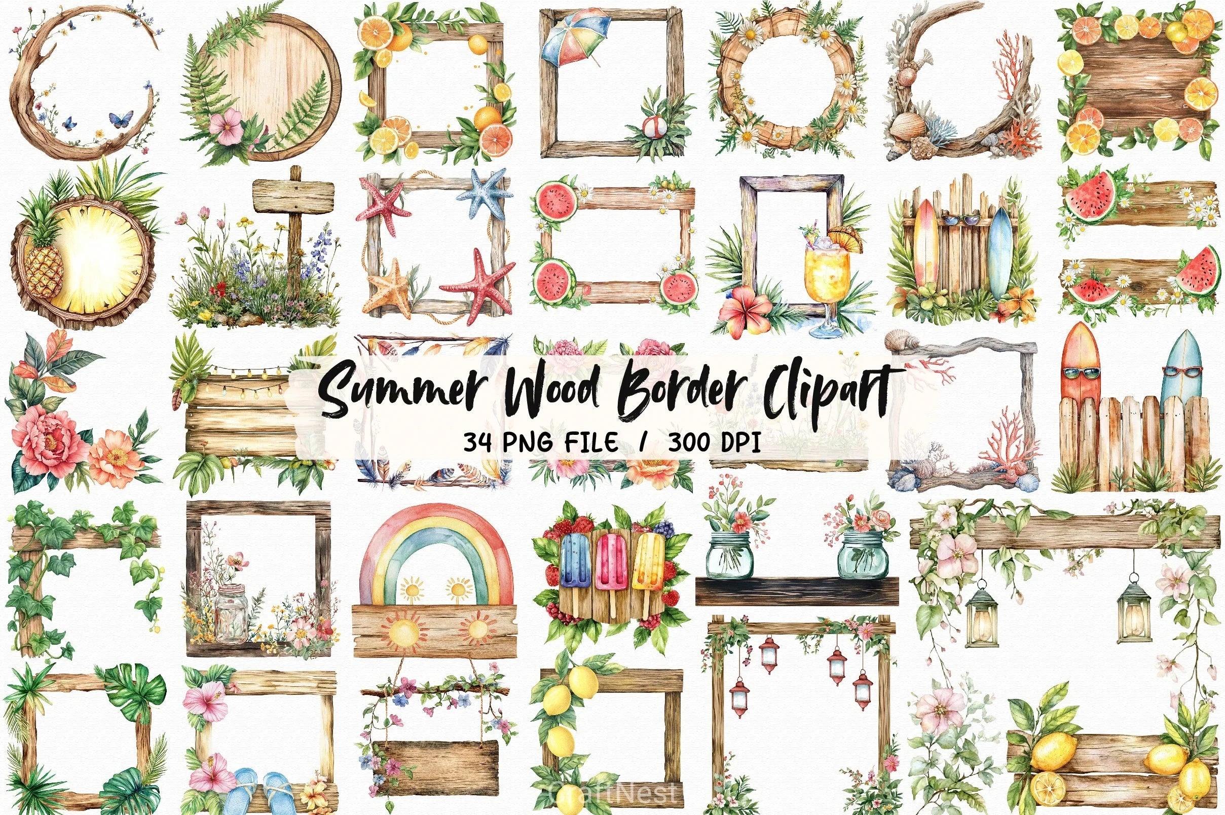 Summer Wood Border Clipart Bundle - CraftNest - Digital Crafting and Art