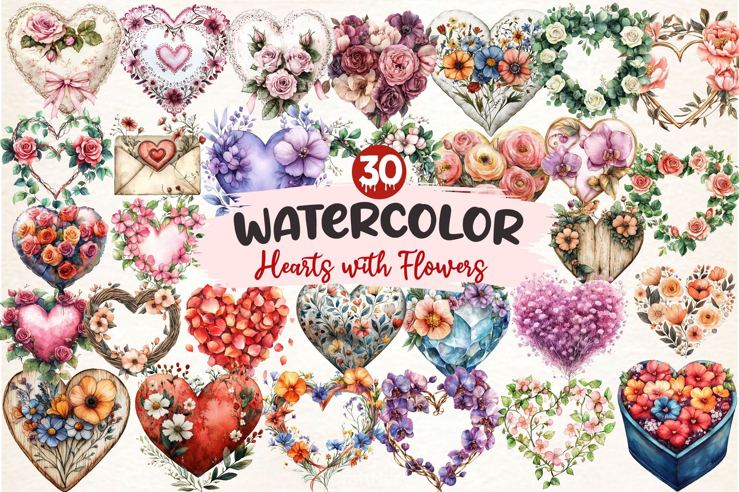 Wedding Hearts With Flowers Clipart Bundle