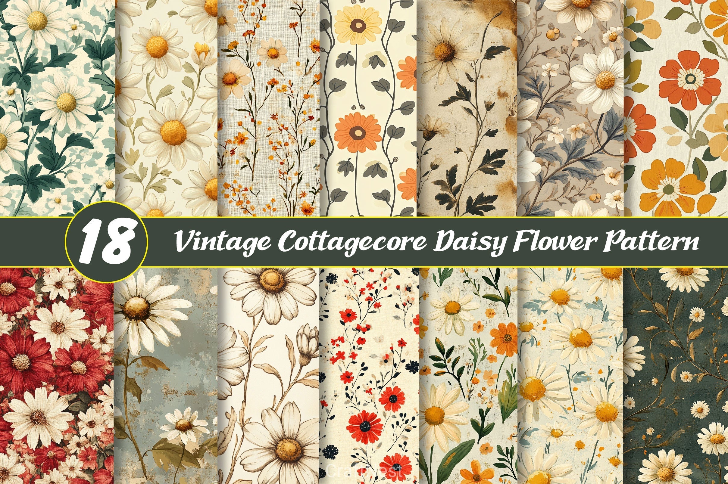 Vintage Cottagecore Daisy Flower Pattern Clipart Bundle