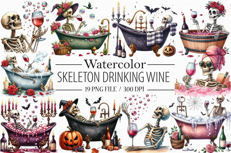 Skeleton Drinking Wine Clipart Bundle - CraftNest - Digital Crafting and Art