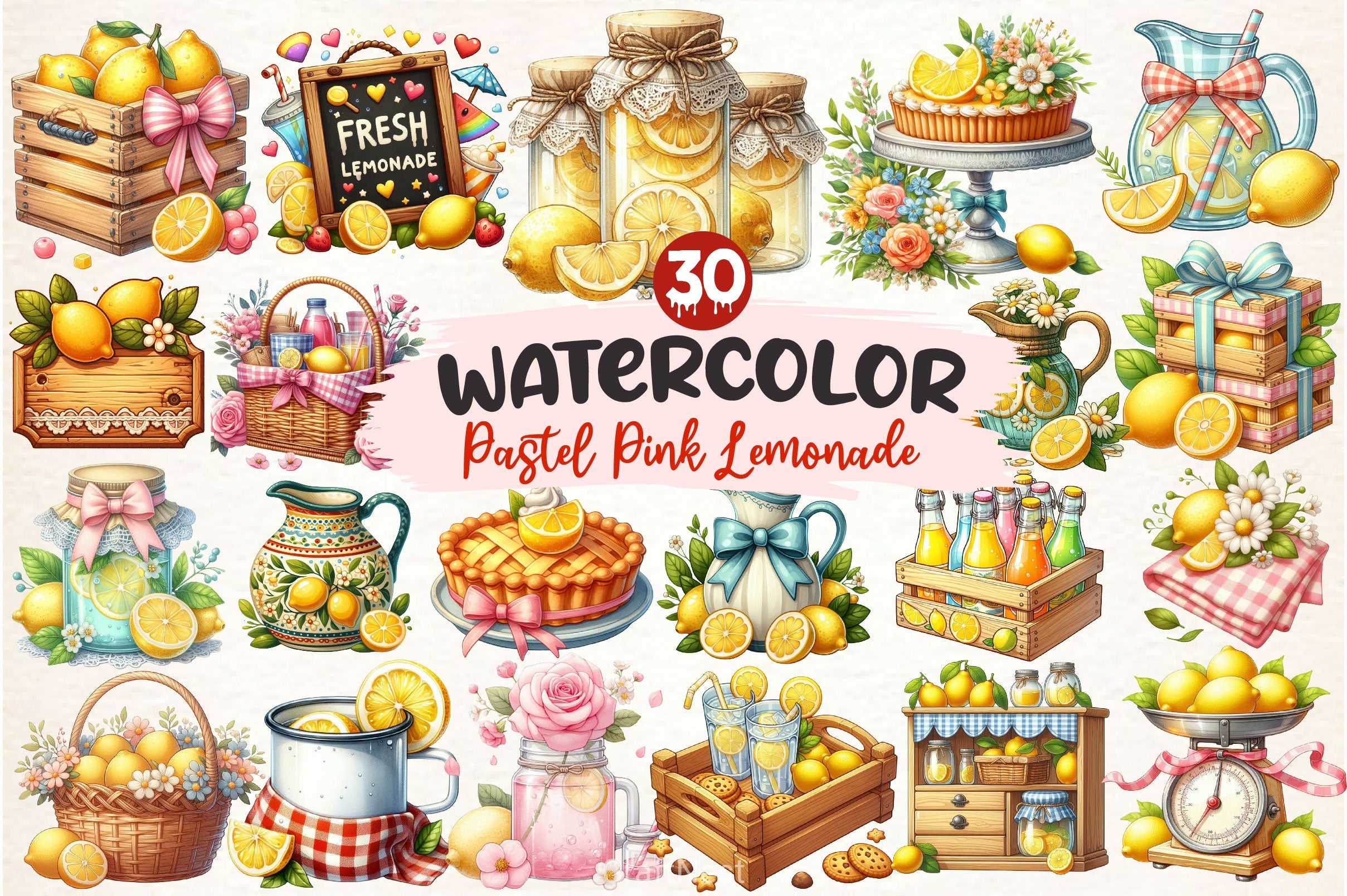 Pastel Pink Lemonade Party Decor Clipart Bundle