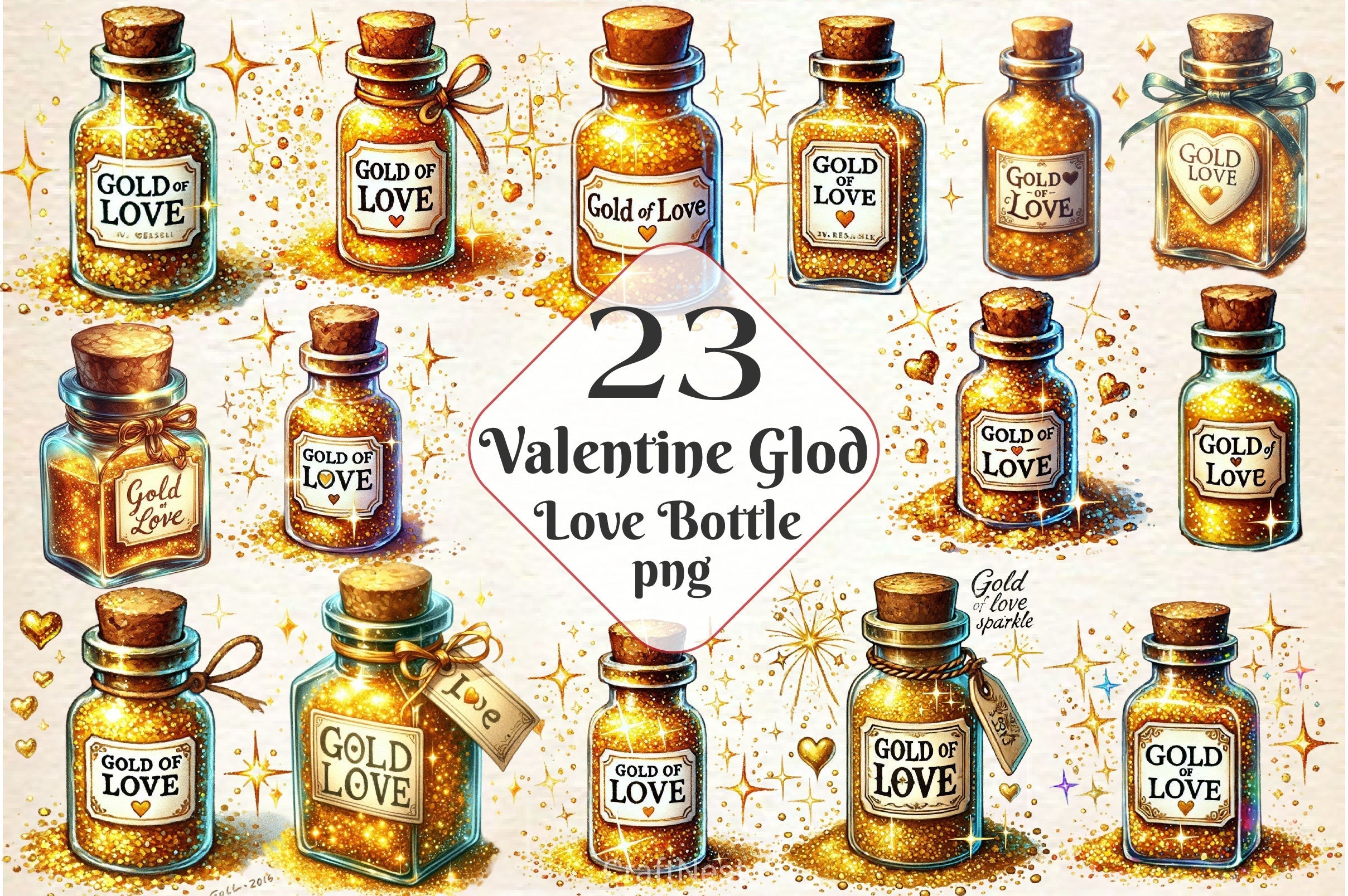 Golden Love Sparkle Bottle Clipart Bundle
