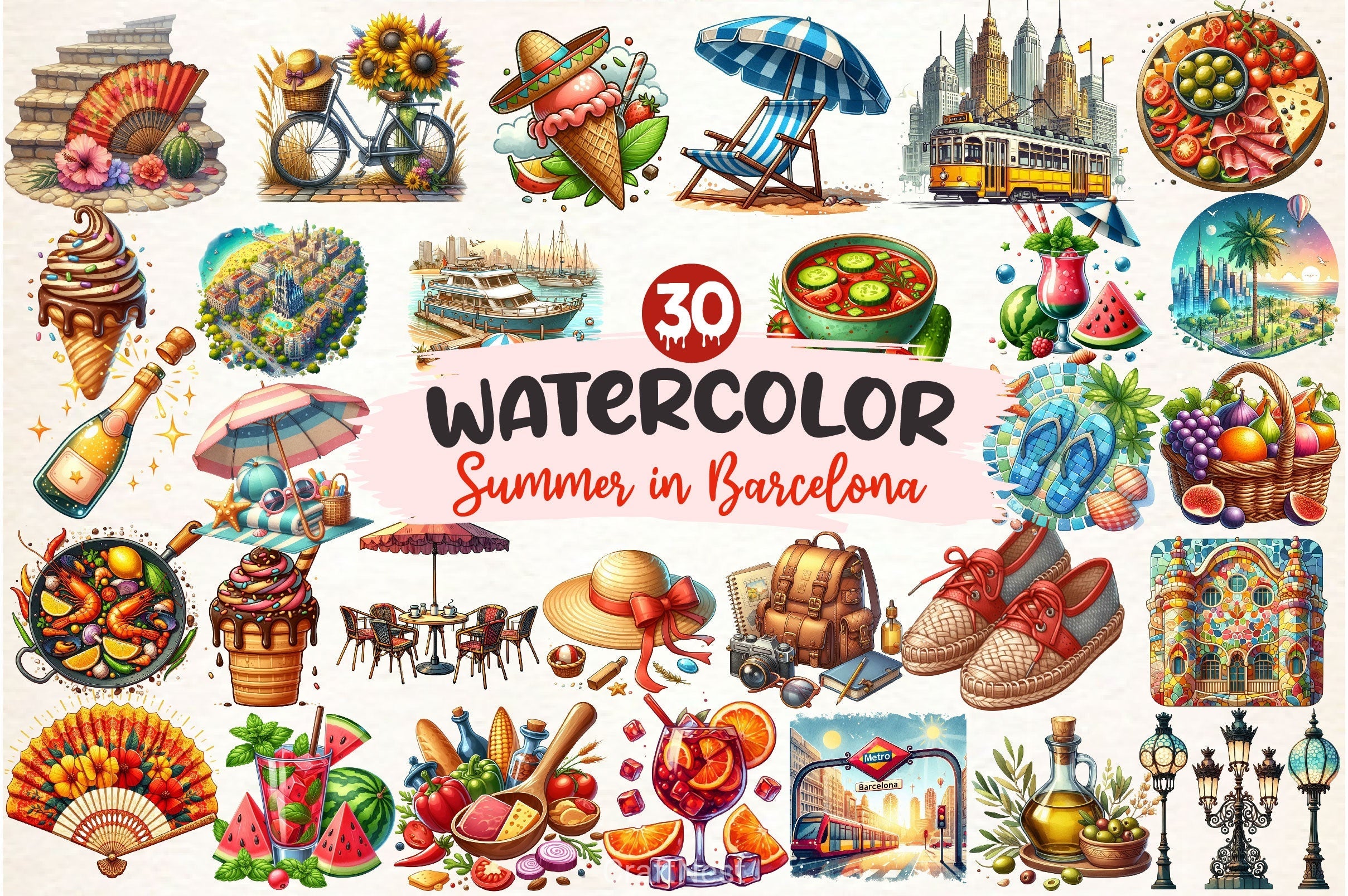 Summer In Barcelona Clipart Bundle