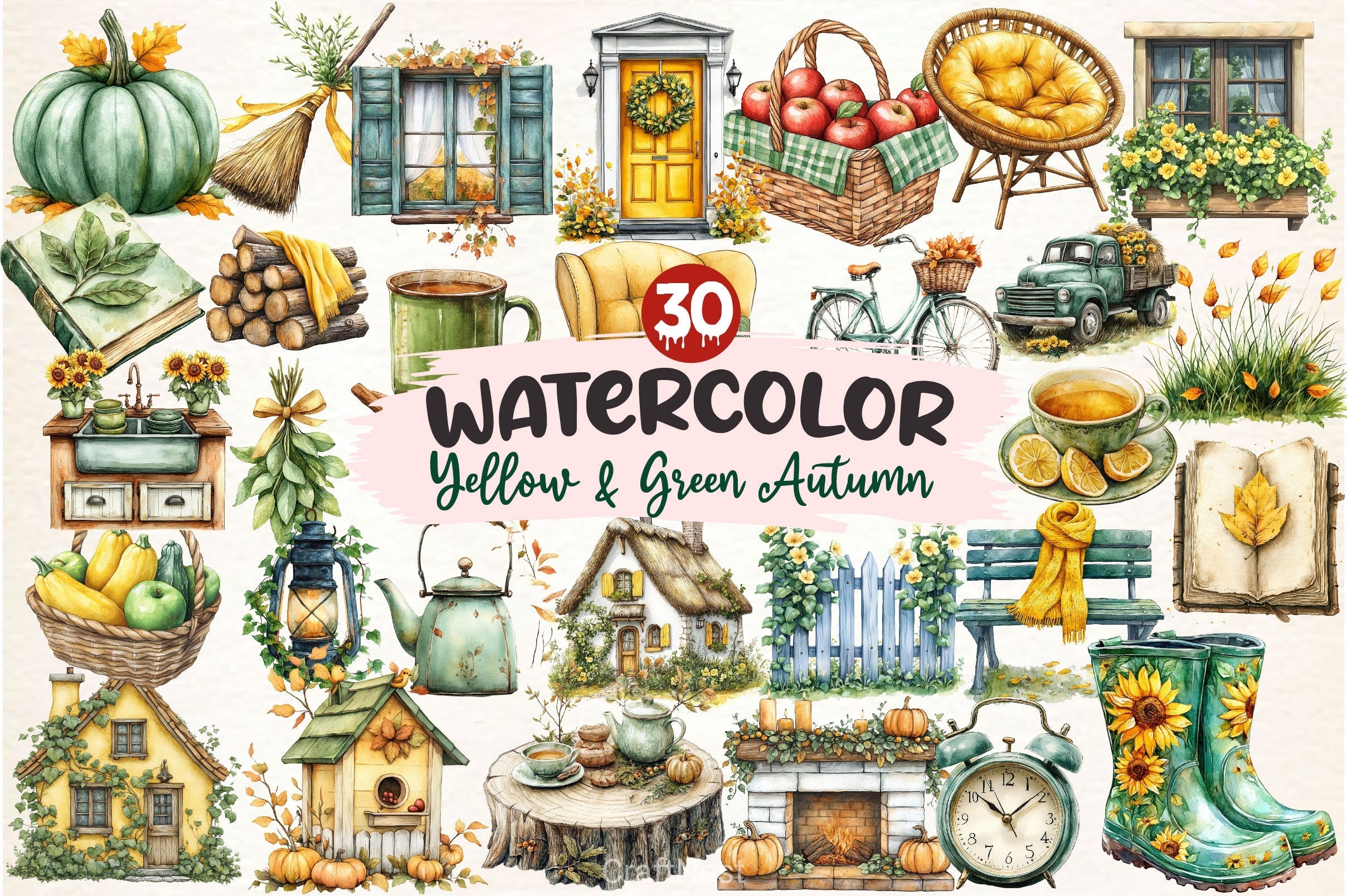 Yellow Green Autumn Cottage Clipart Bundle 2
