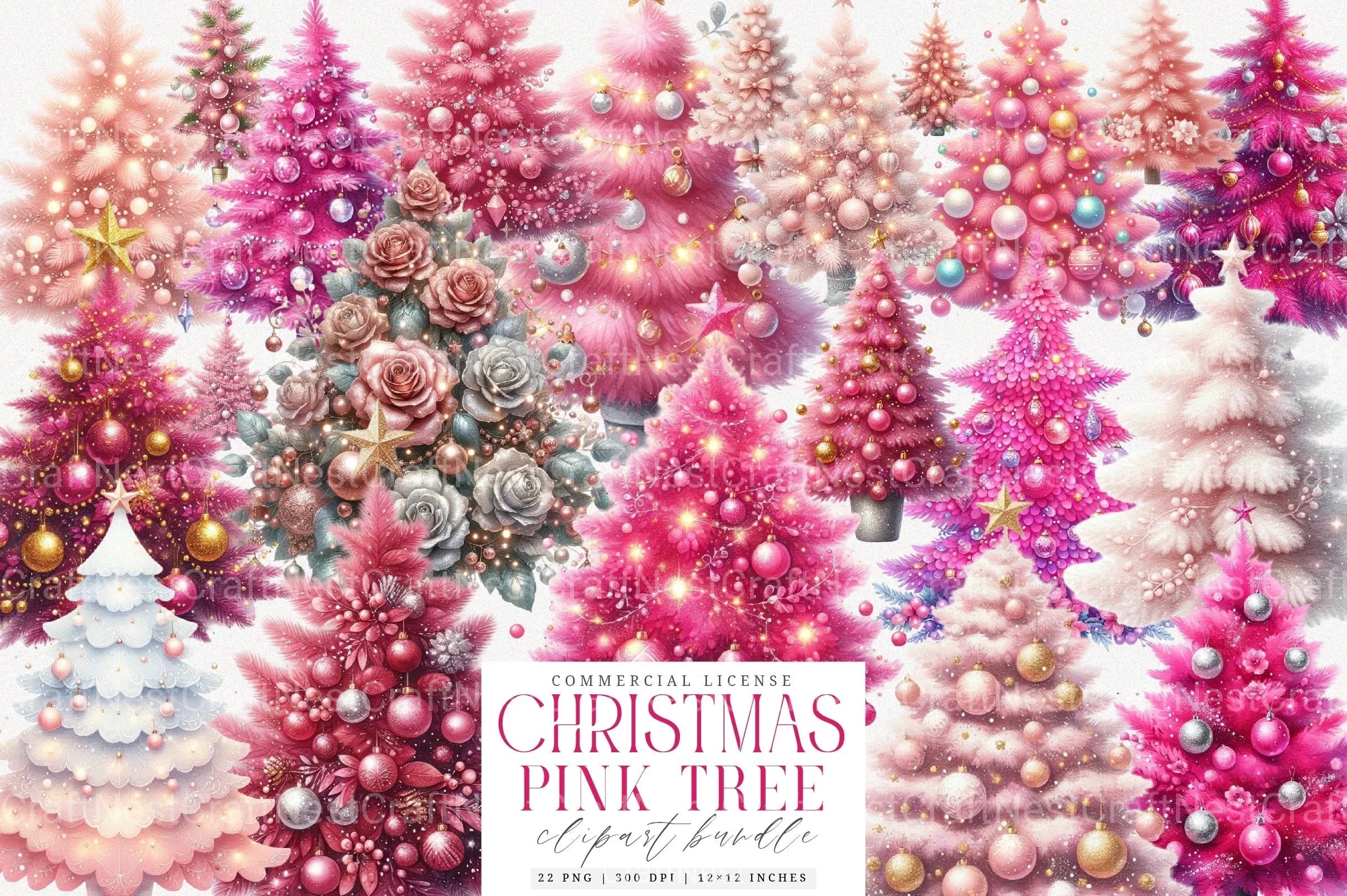 Pink Christmas Tree Clip Art Bundle - CraftNest - Digital Crafting and Art