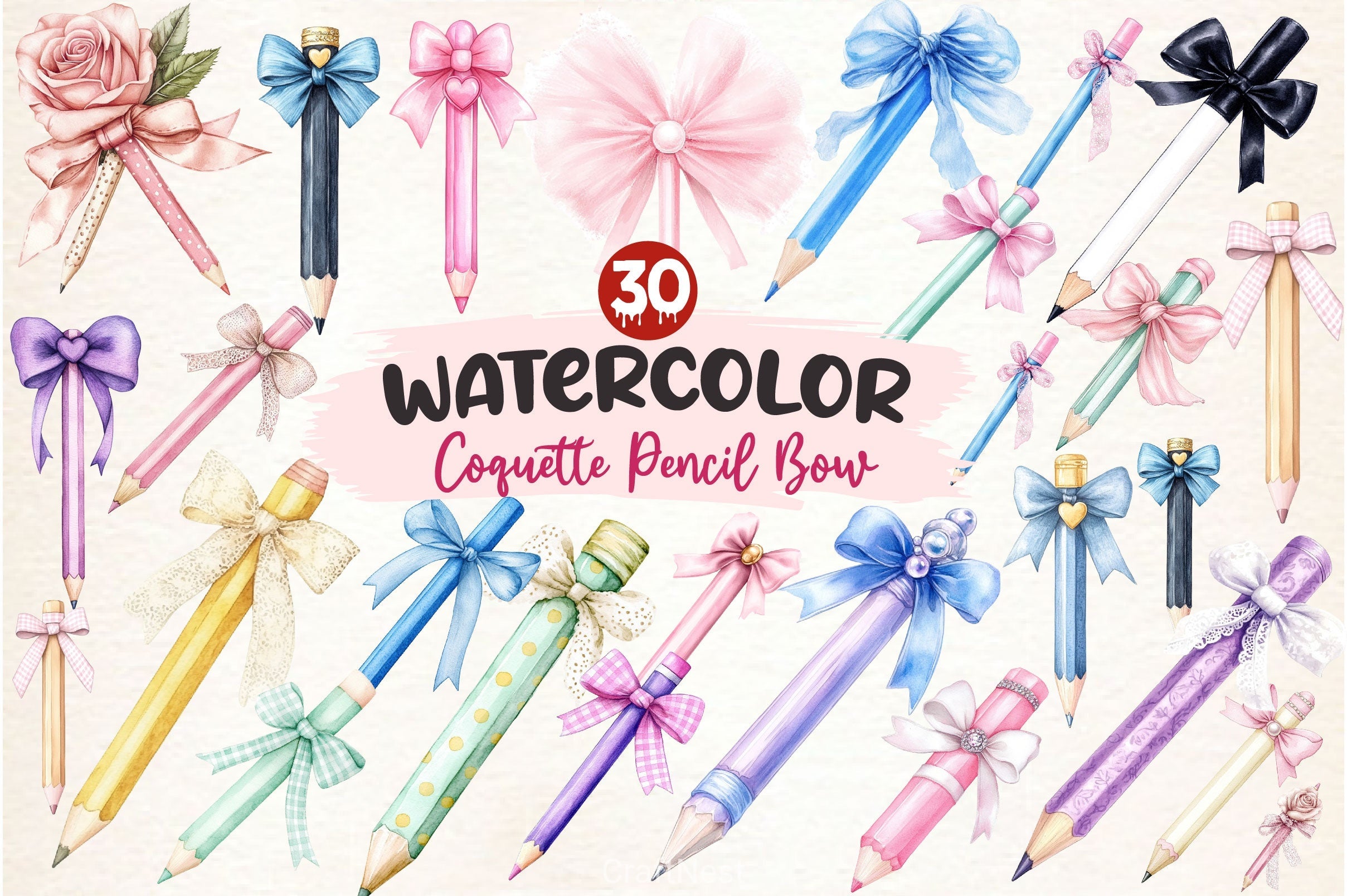 Coquette School Pencil Bow Clipart Bundle