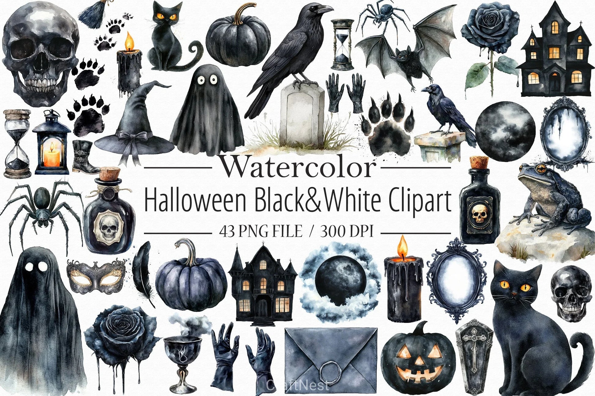 Halloween Black & White Clipart Bundle - CraftNest - Digital Crafting and Art