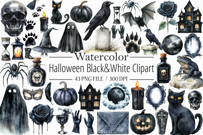 Halloween Black & White Clipart Bundle - CraftNest - Digital Crafting and Art