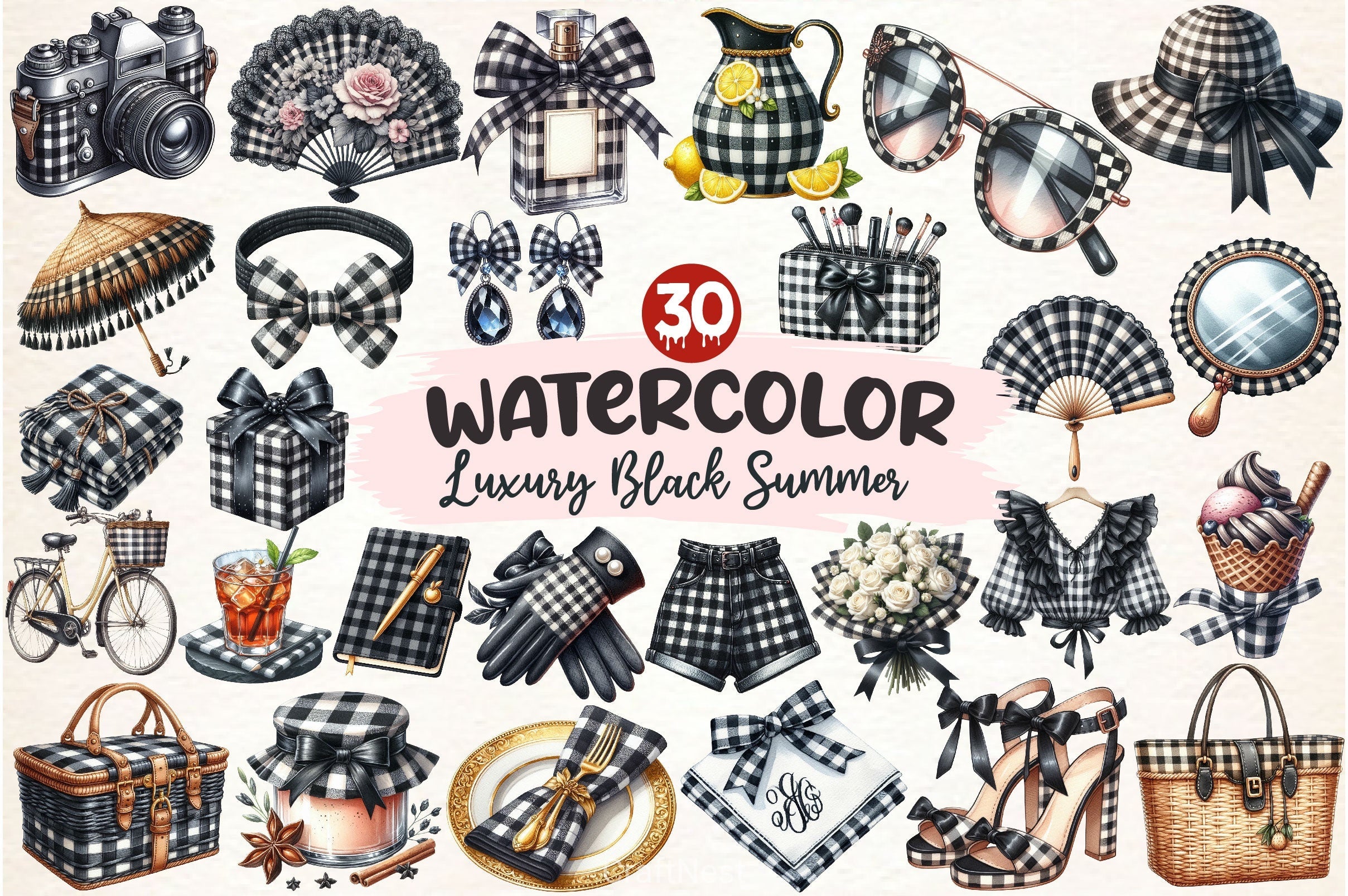 Luxury Black Gingham Summer Clipart Bundle