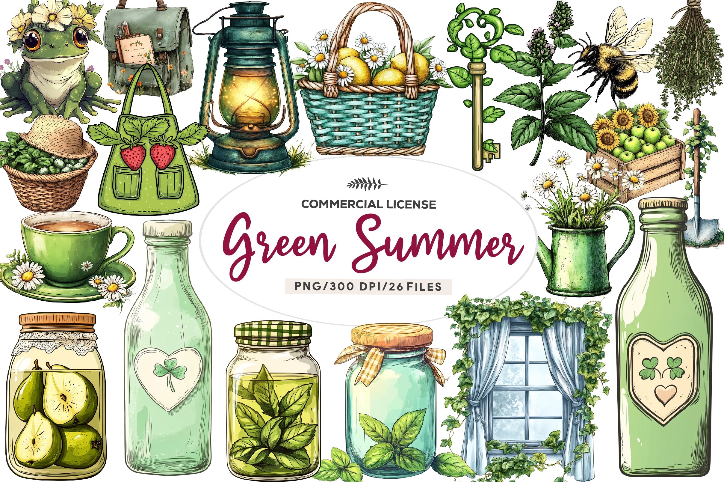 Green Summer Cottagecore Clipart Bundle