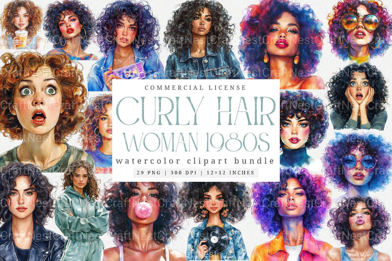 1980s Curly Hair Woman Clipart Bundle - CraftNest - Digital Crafting and Art