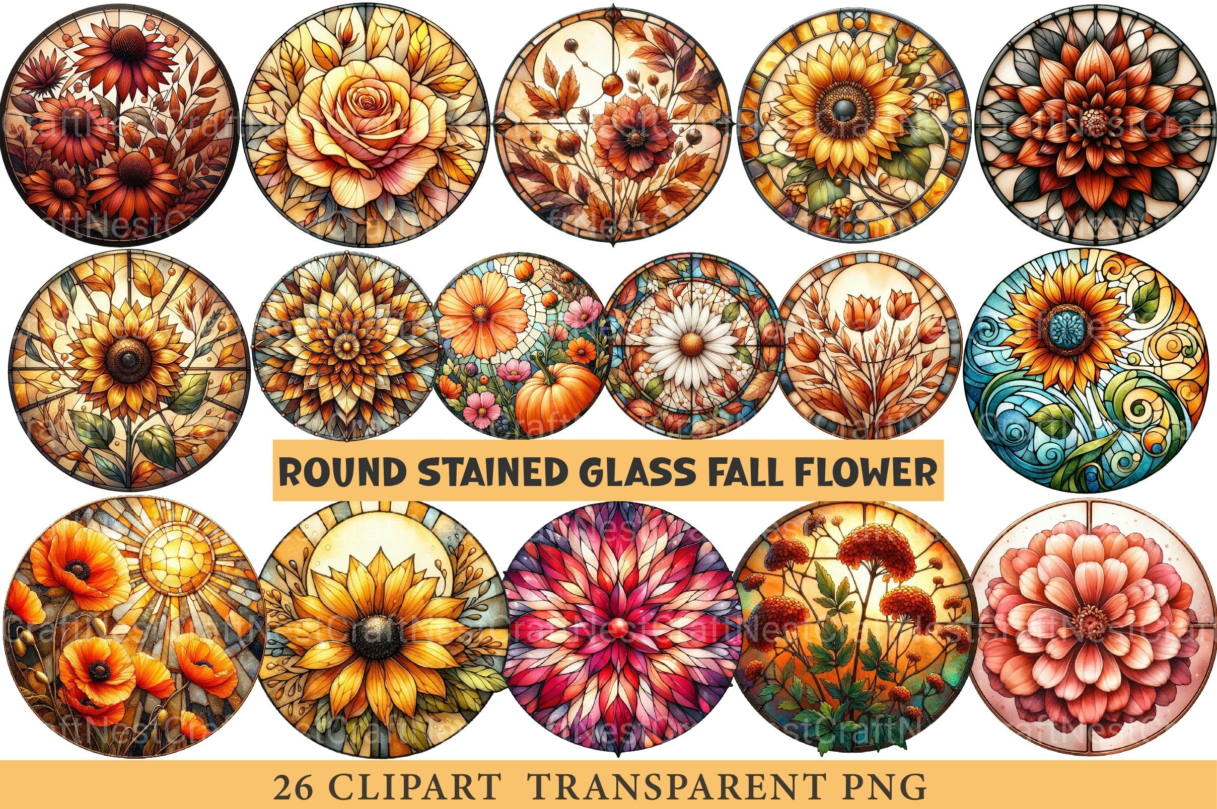 Round Stained Glass Fall Flower Clipart Bundle