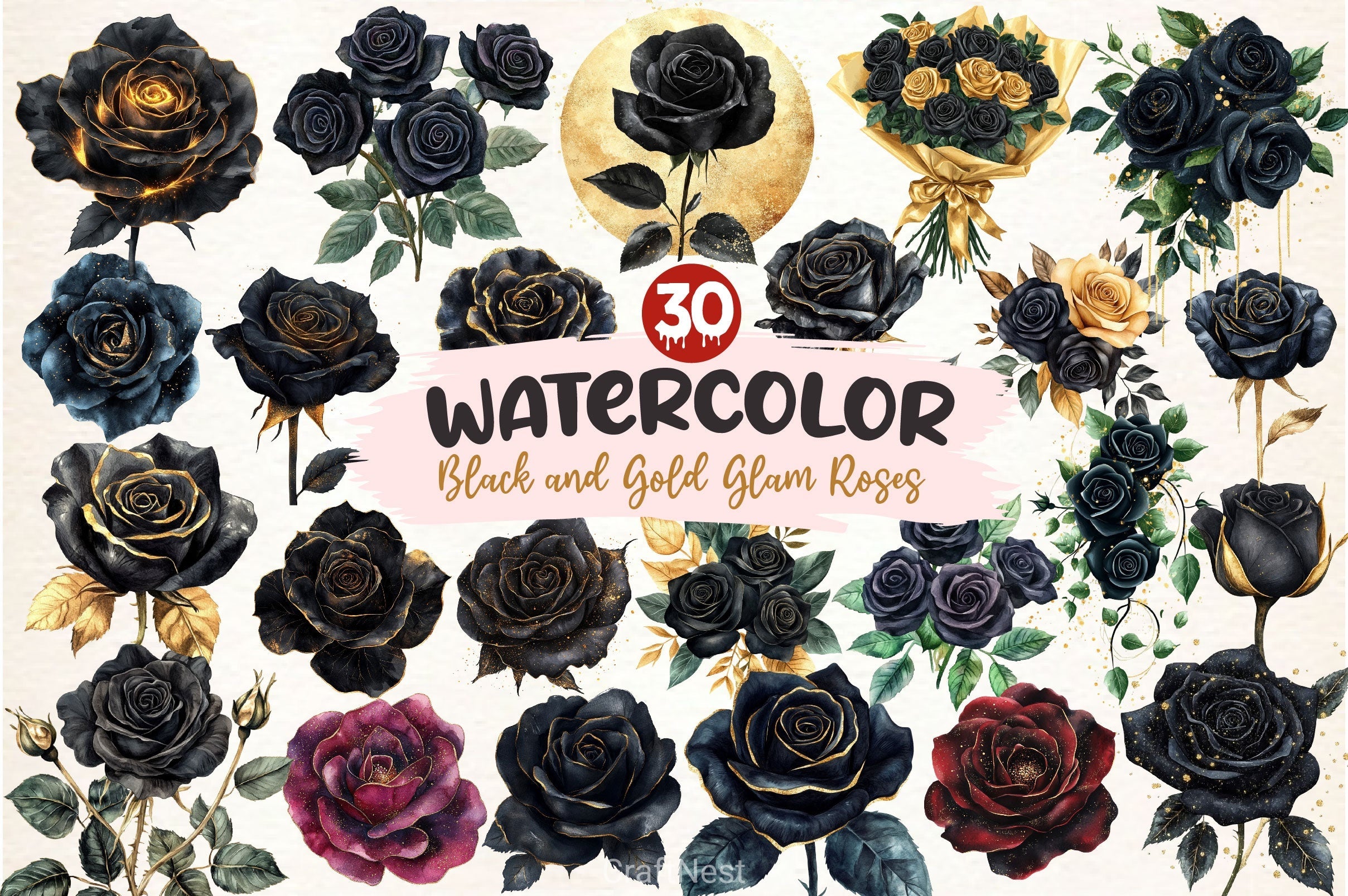 Black And Gold Glam Roses Clipart Bundle