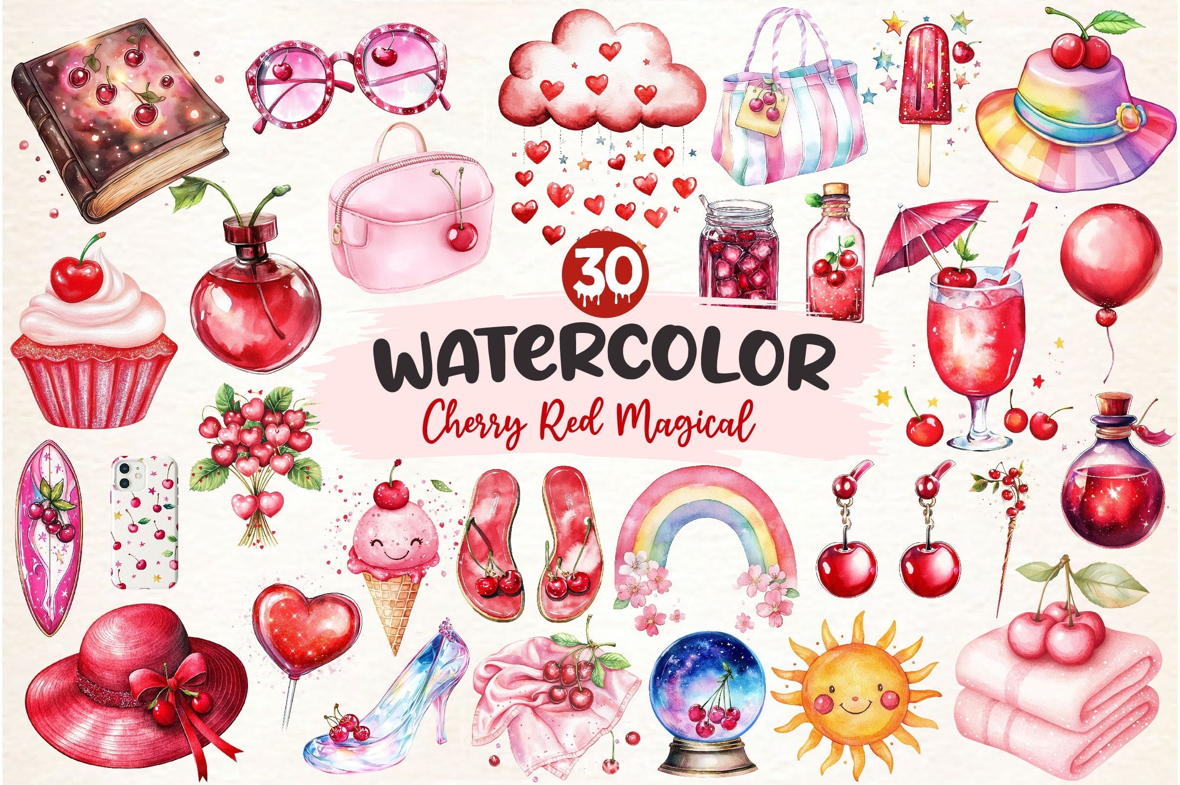 Cherry Red Magical Summer Clipart Bundle 2